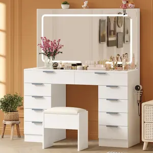 Glass Top Vanity Desk with Large Mirror and Lights, 3 Color Adjustable Lighting, Power Outlet, Stool, 10 Drawers Storage, Magnifying Glass, Hairdryer Holder