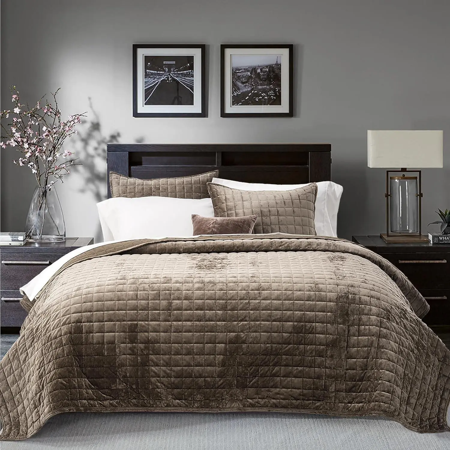 King Size Mocha Brown Channel Box Stitches Velvet Quilt Set - Ultra Soft Lightweight Comforter, Luxury Oversized Bedspread Coverlet, All-Season Bedding Set with 2 Shams