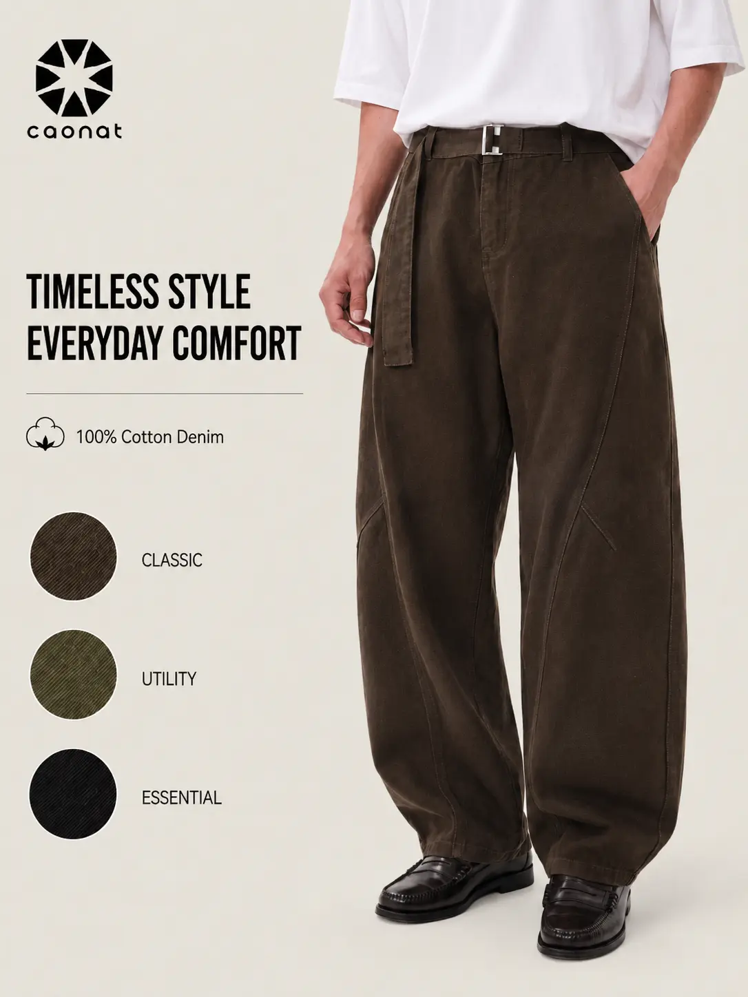 Men’s Vintage 100% Cotton Wide-Leg Pants, Relaxed Baggy Fit with Curved Seam Detail and Adjustable Belt, Retro Streetwear Trousers