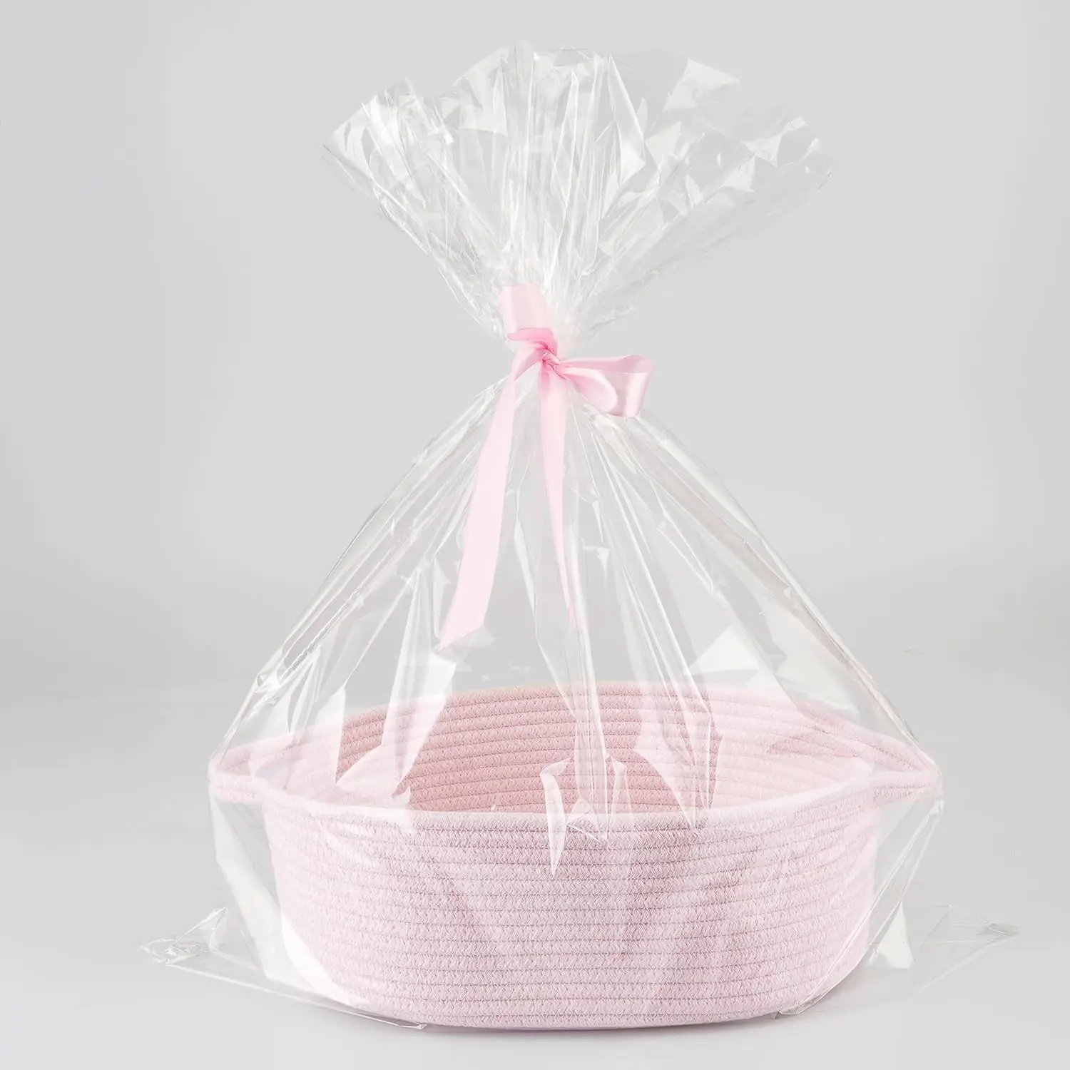 Baby Gifts Basket Empty with Gifts Bag and Ribbon 12”x8”x5” Gift Baskets to Fill Easter Baskets Birthday Baskets Small Woven Cotton Rope Basket Baby Toy Baske (pink, regular)
