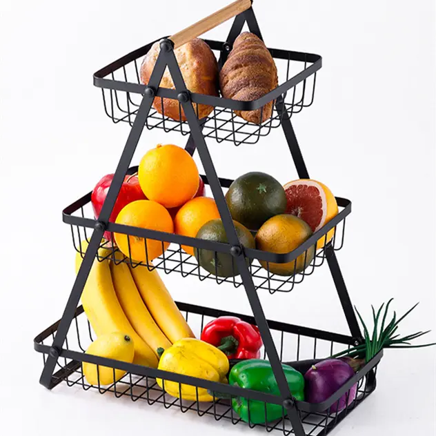 2 & 3 Tier Detachable Metal Wire Fruit Vegetable Basket, Countertop Storage Organizer with Wooden Handle, Tiered Snack Bread Holder, Modern Kitchen Counter Rack for Apartment & Rental Home Organization,multifunctional