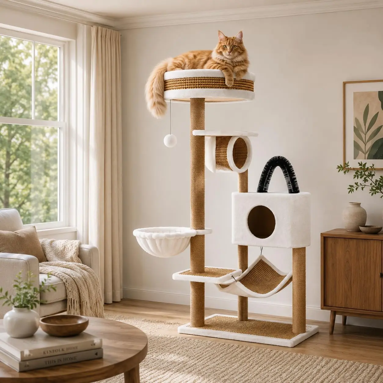 Large Multi-Level Cat Tree Tower with Vine Mat Sloped House, Hammock, Perch & Scratching Posts