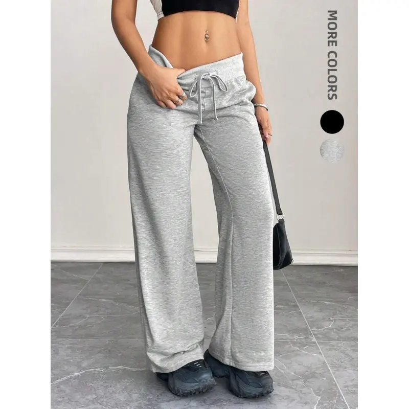 Women's Grey Sweatpants - Wide-Leg Bottoms, Drawstring Waist, Pockets, All-Season Sweats, Casual Lounge Pants, Loose Baggy Pants for Everyday Wear & Basic Outdoor Activities, Neutral Pattern Pants