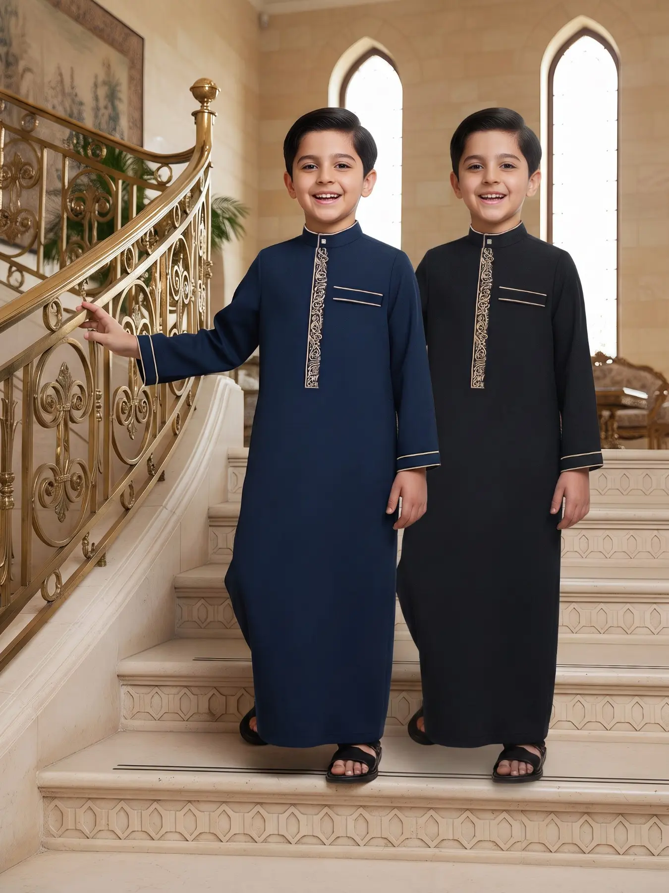 Muslim Boy Traditional Long Robe, Islamic Clothing, Elegant Embroidered Stand Collar Button Front Side Pockets, Suitable for 8-12 Year Old Boys Daily Casual Formal Occasions