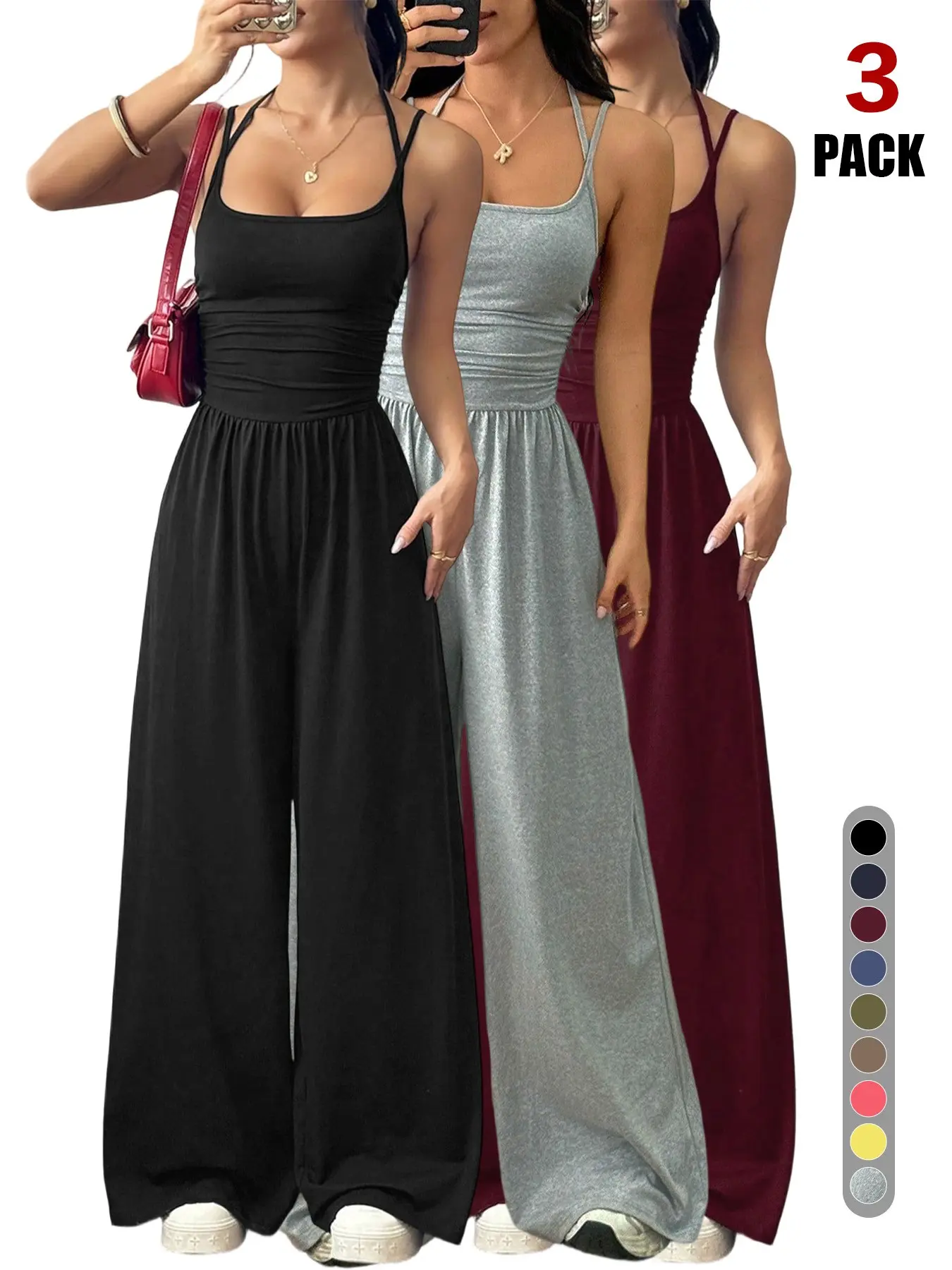 2026 3 Pack Women Basic Spaghetti Strap Jumpsuits, Scoop Neck Ruched Slim Waist, Backless Floor Length Wide Leg, Summer Loungewear for Vacation