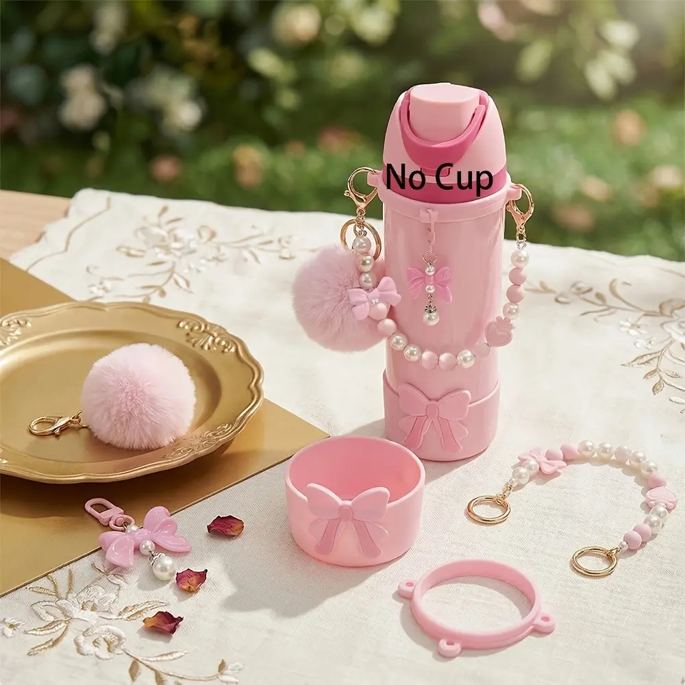 5pcs Drinkware Tumbler Accessories Set for 16oz/19oz Cup, Food-Grade Silicone, Anti-Slip, Pearl Handle Chain, Fluffy Pom Pom Charm, Bow Keychain, Perfect Gift