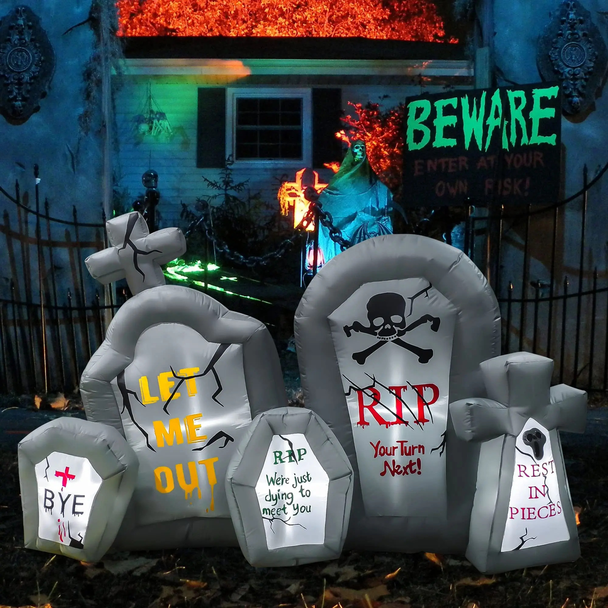 Halloween Inflatable Tombstone Set, Lighted Horror Gravestones for Indoor Outdoor Garden Lawn, Festive Decoration for Halloween Party