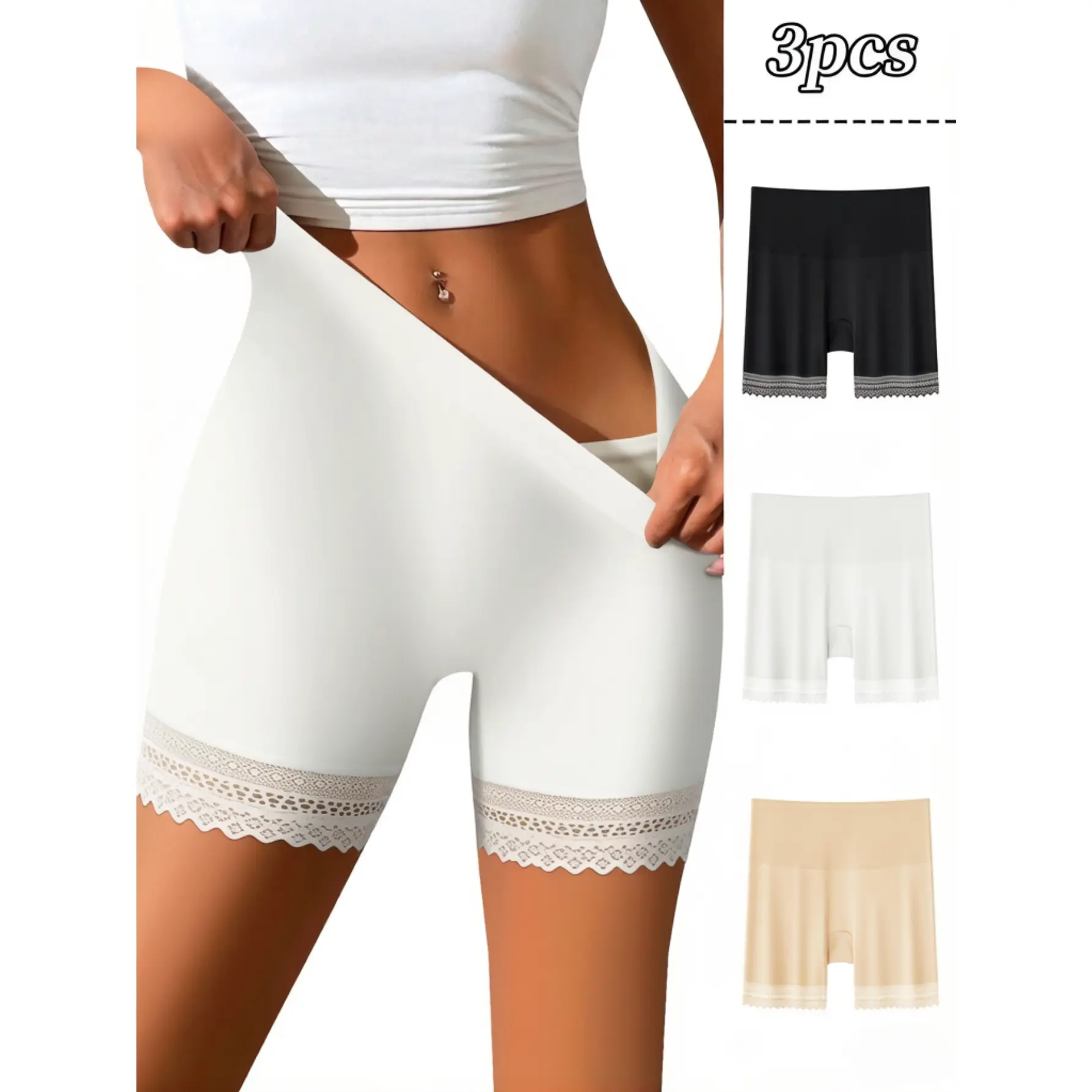 QUASTI Women's 3 Pack Boyshort Panties, Comfy Polyamide Blend Safety Underwear with Lace Trim, Solid Seamless Breathable Shorts for Under Dresses, Solid Plain