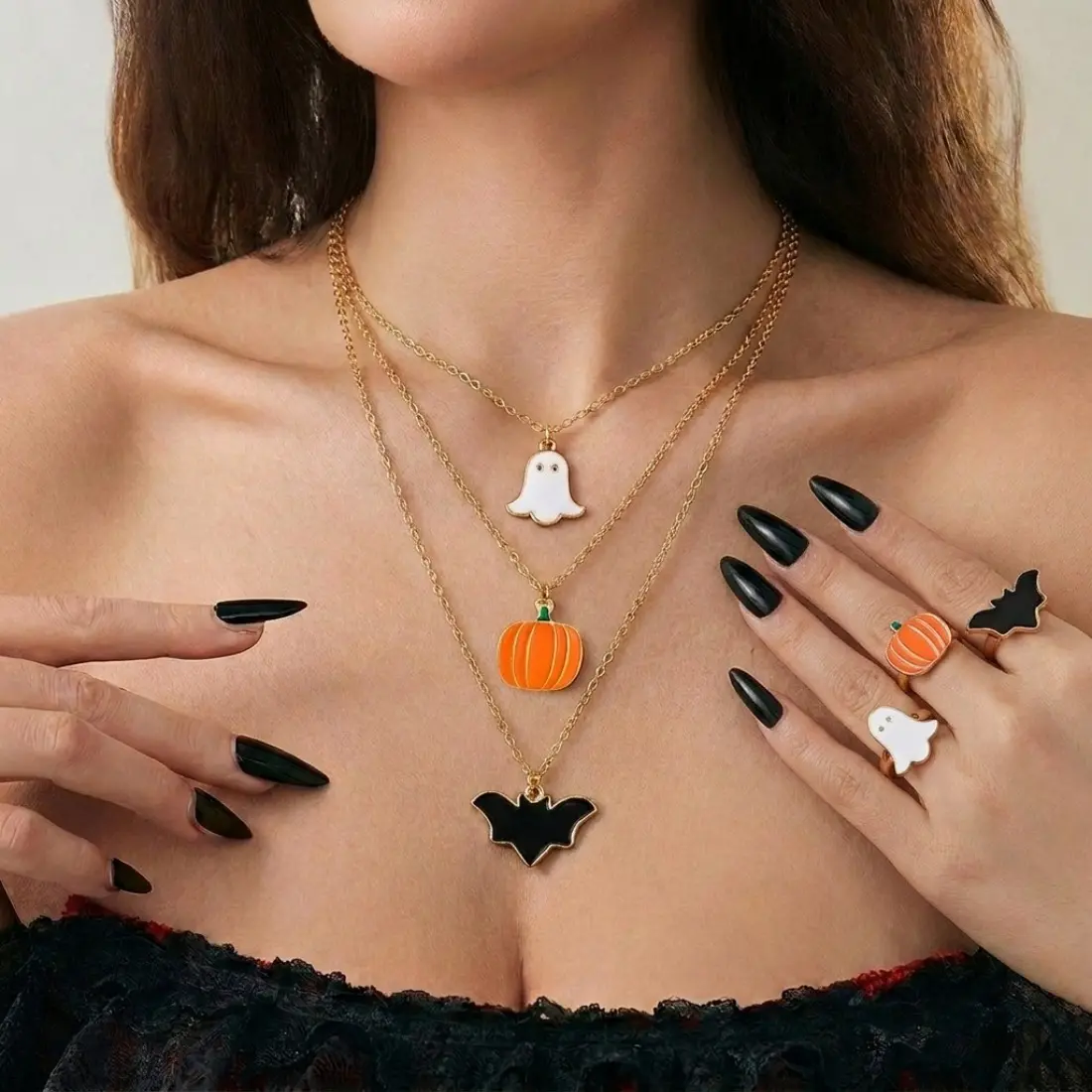 Halloween Pumpkin Ghost Necklace, Cute Bat Pendant Gothic Jewelry for Women & Girls, Spooky Cute Party Accessories, Trendy Halloween Costume Jewelry, Lightweight Fall Festival & Trick-or-Treat Wear, Gift for Halloween Season