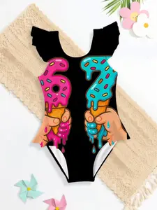 Summer Girls Casual Cool Cute Sleeveless Triangle One-Piece Swimsuit, Beach Vacation Holiday Birthday Gift, Random Print Outdoor Sportswear, Triangle Bathing Suit Kid, Swimwear