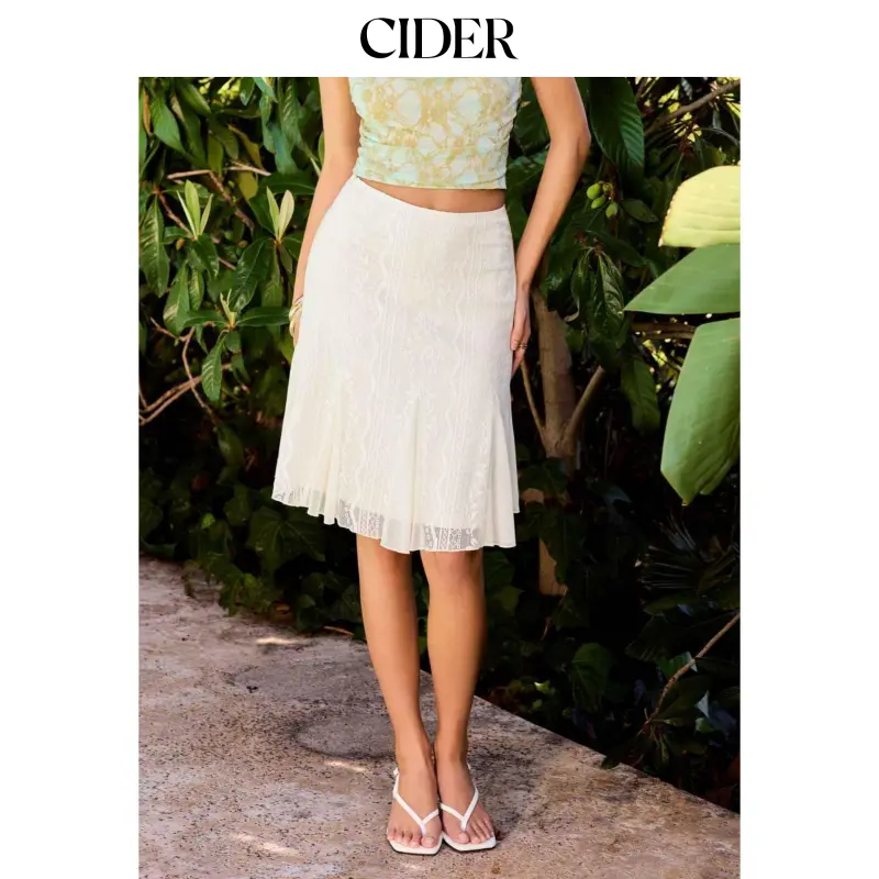 Cider Cotton-blend A Line Mid Rise Lace Flower Midi Skirt
