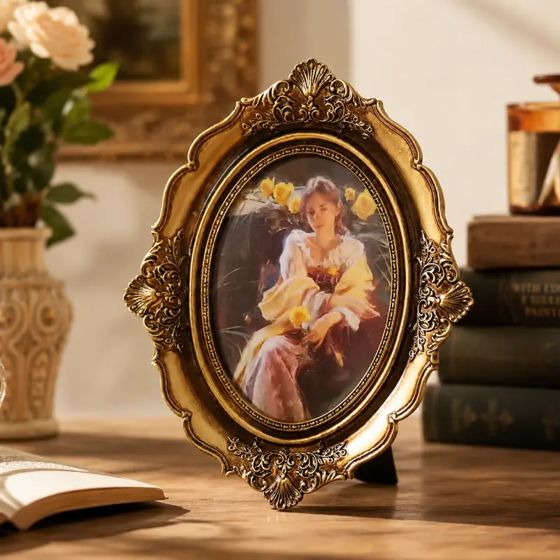 1pc 6-Inch Oval Vintage-Inspired Bronze & Golden Resin Ornate European Photo Frame - Handcrafted Wall-Hanging/Wall-Mounted Picture Frame, Horizontal Tabletop Home Decor Gift for Wedding, Living Room