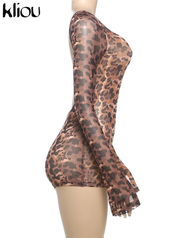 shapewear kliou Mesh Leopard Women Playsuits Sexy Hot Thin See Through Backless Full Sleeve Bodyshaping Romers Female Stunning Clubwear Womenswear Bodysuit Overalls Leopard_Brown Tops Halter Plaid