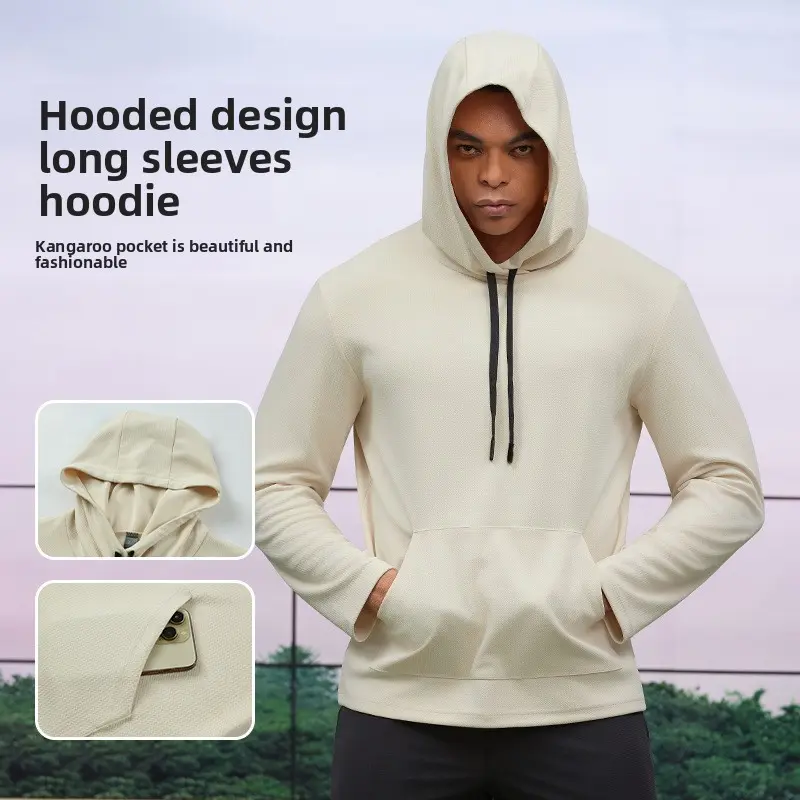 Outdoor hooded sweater autumn and winter running training fitness sweater men's turtleneck quick-drying kangaroo pocket long sleeve tops workout