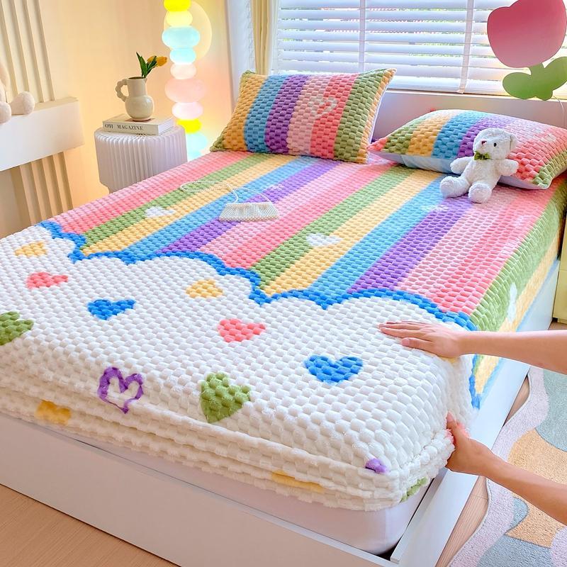 Thickened Cartoon Bedding Set, 1 Count Fitted Sheet & 2 Counts Pillowcase without Filler, Warm Touch Dustproof Soft and Comfortable Bedding, Soft Breathable Sheet, Bedding Sheets, Suitable for Bedroom and Guest Rooms, Comfy Bedding Set #GLOBAL PICKS