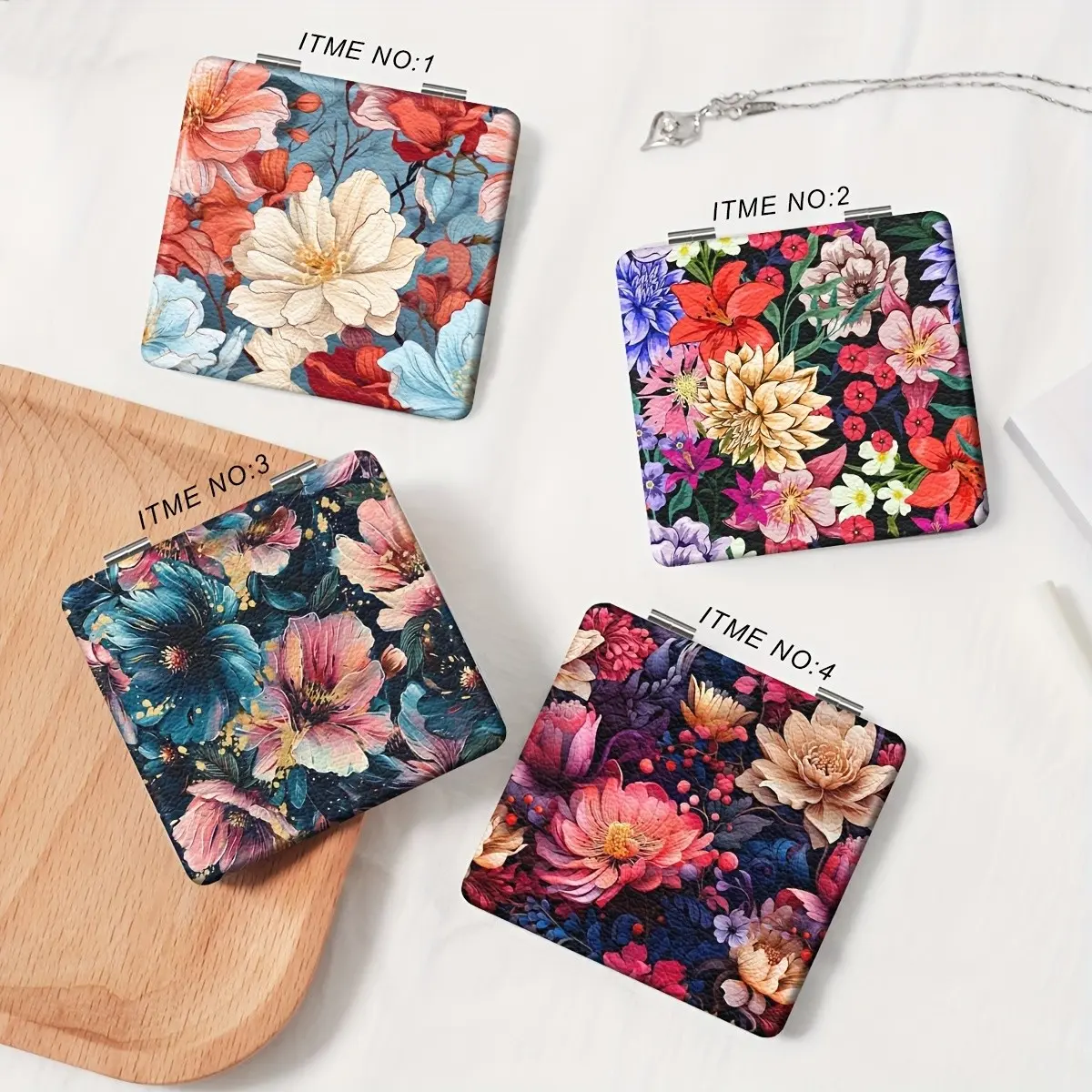 Dark Background Vintage Floral Print Compact Mirror, Double Sided Foldable Pocket Makeup Mirror, Moody Botanical Flower Portable Travel Cosmetic Mirror, Gift for Women Girls