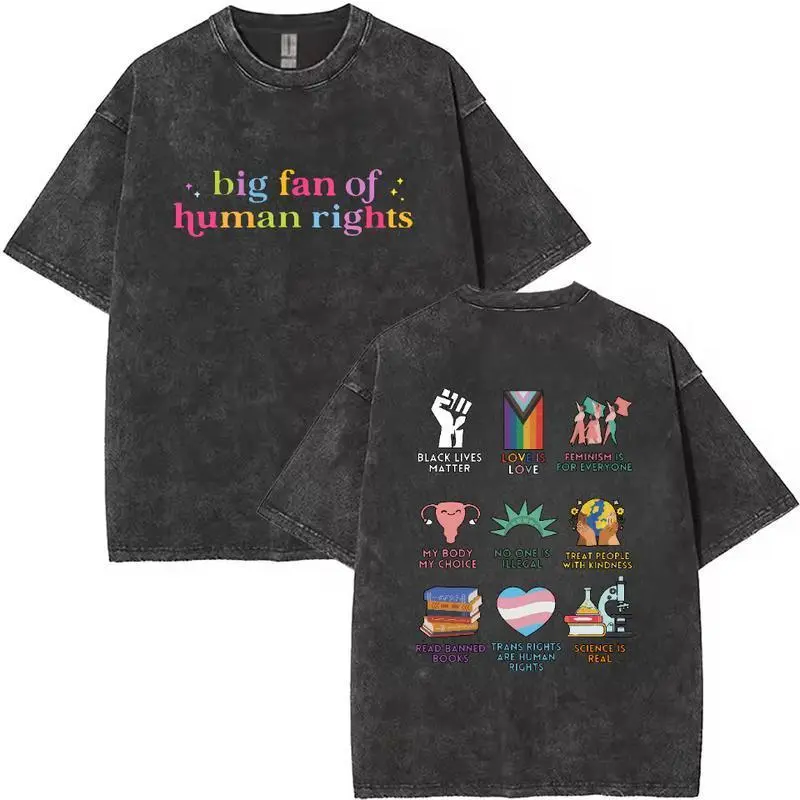Women's Human Rights Graphic Preppy Tops - Everyday Washed Cotton Tee, Comfortable Fabric Sweatshirt, Digital Print Women's T-Shirts, Ribbed, Oversized
