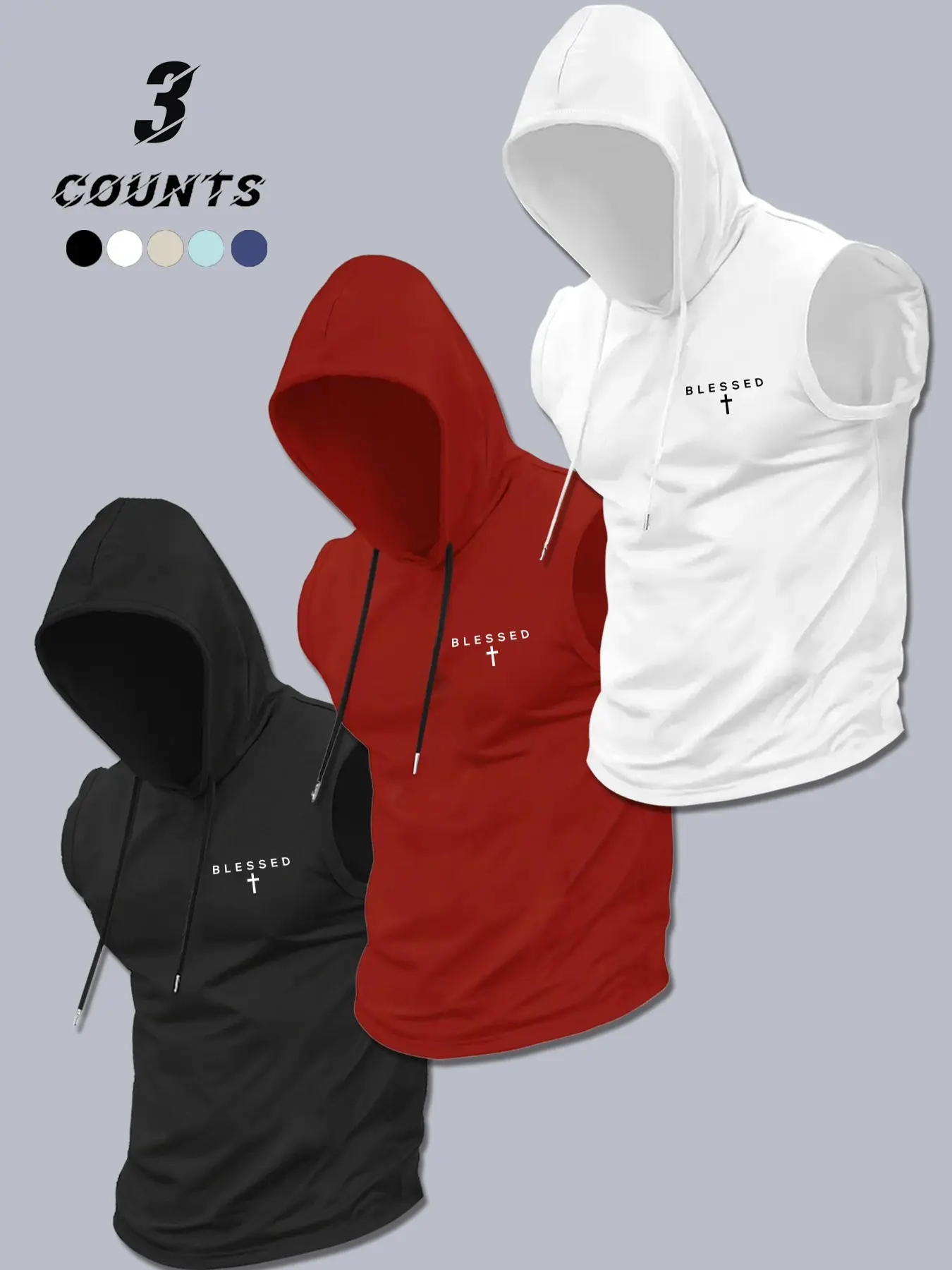 Men's 3-Pack Hooded Sleeveless Vest, American Street Style Cross Print, Stretch Breathable Fabric, Ideal for Gym, Outdoor, Daily Wear