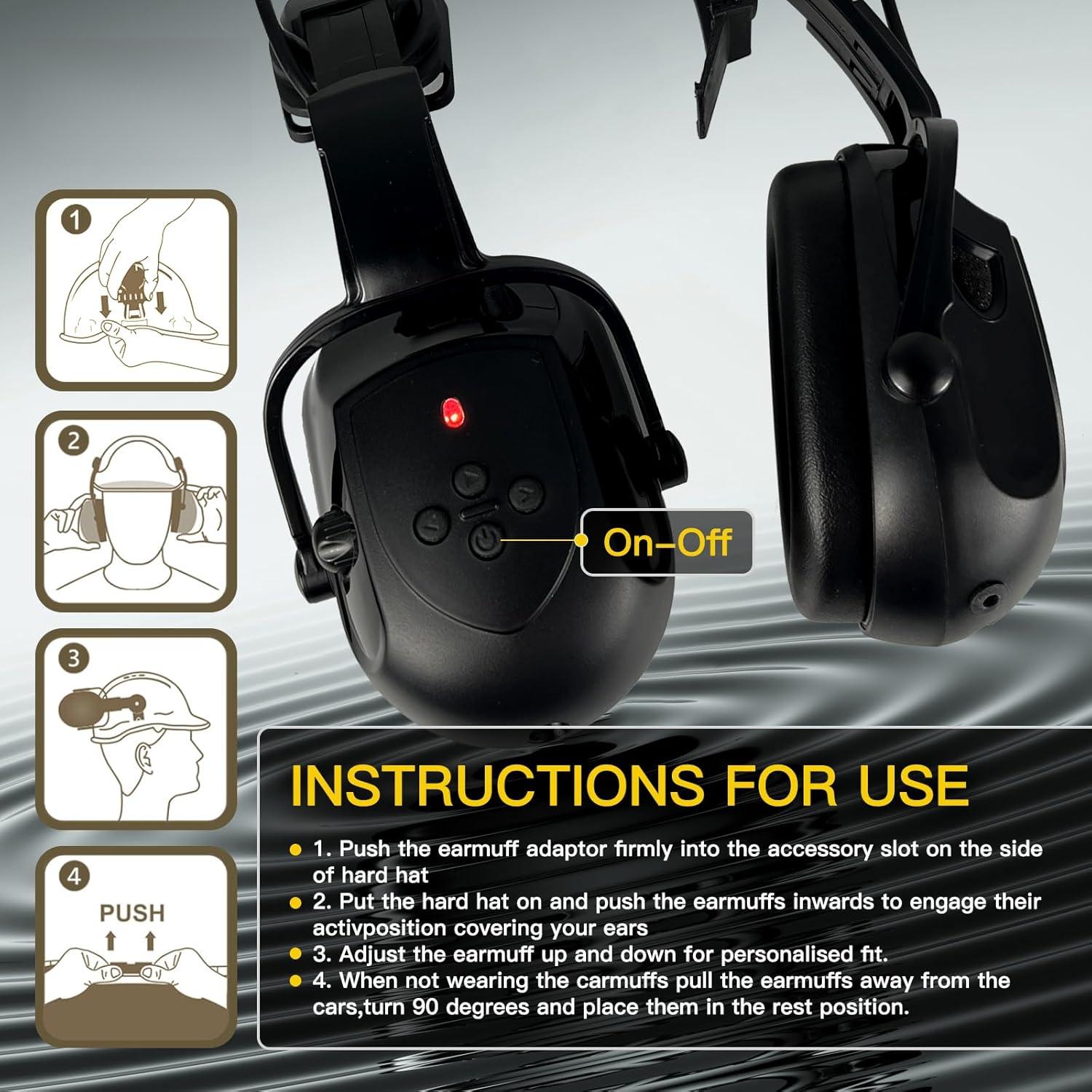 Vented Hard Hat with Visor and Bluetooth Ear Muffs, SNR 26dB Hearing Protection, Adjustable Suspension, Construction Safety Head Gear