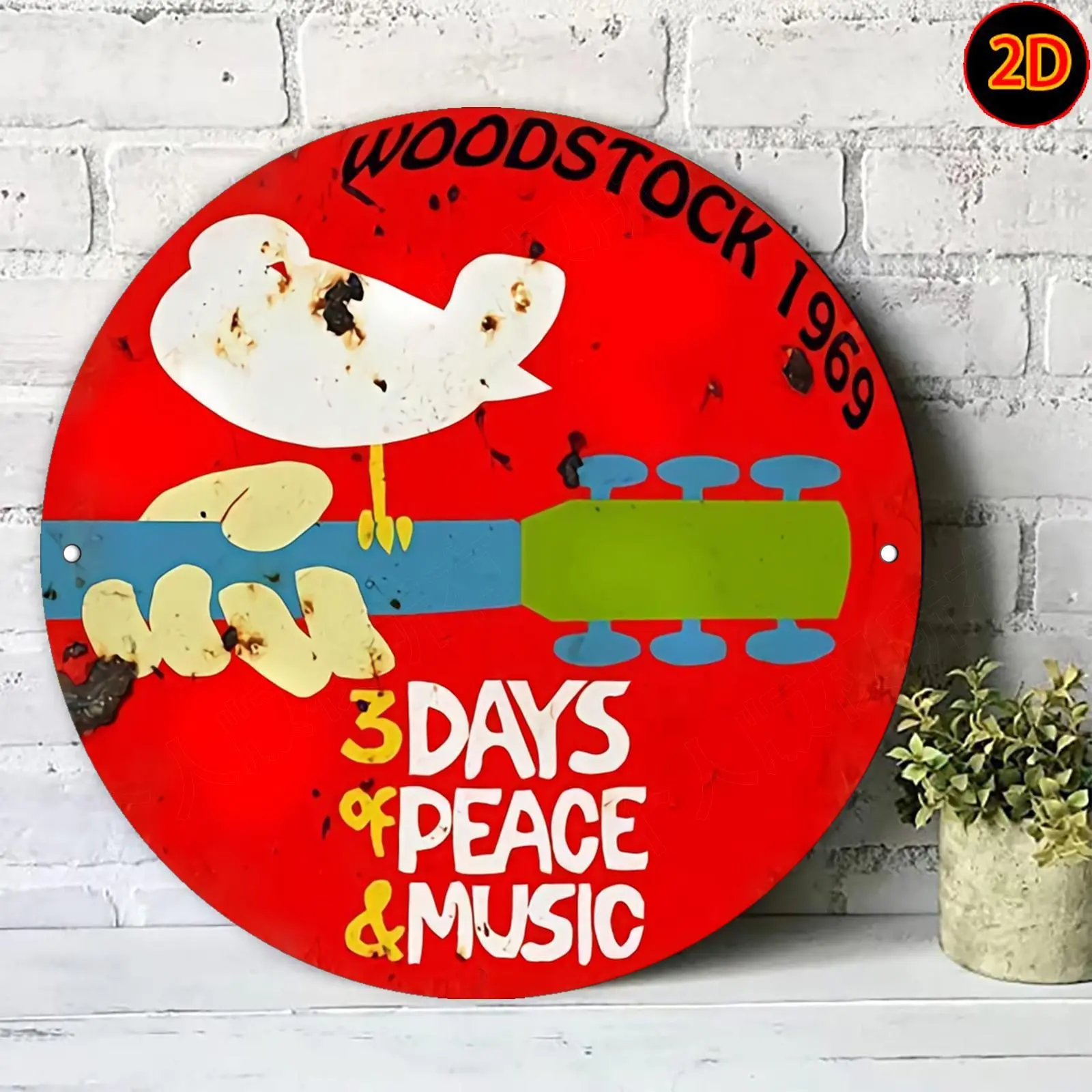 2D Flat, A 2D Flat Printed Round Aluminum Art Piece Featuring The 1969 Woodstock Theme "Three Days of Peace And Music, " Ideal for Bedroom, Garage, Living Room, Dining Room, Bar, And Outdoor Wall Decor. 20*20Cm/7.87*7.87Inch