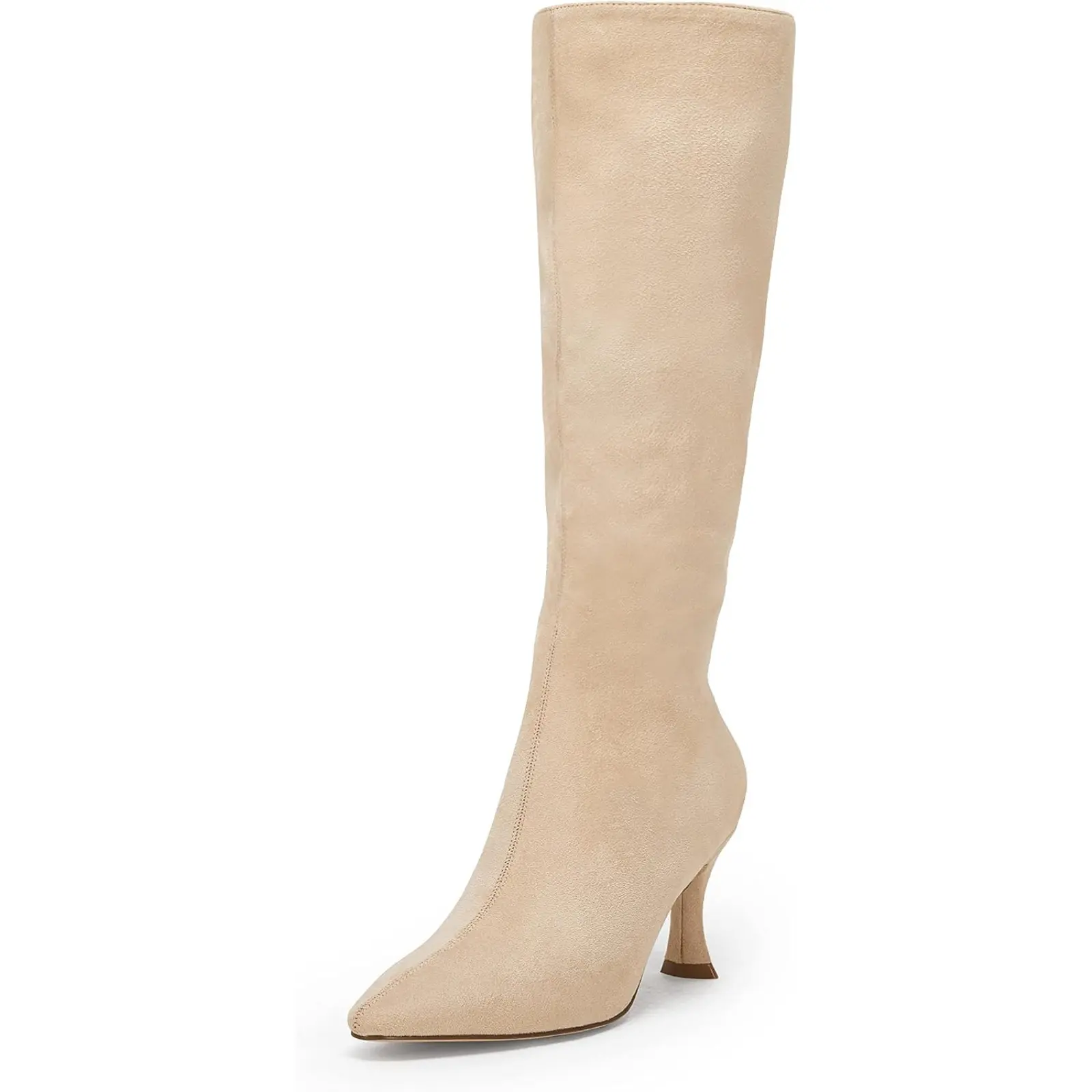 Coutgo Womens Knee High Boots Pointed Toe Kitten Heel Side Zipper Stretchy Vegan Suede Comfort Fall Winter Boot