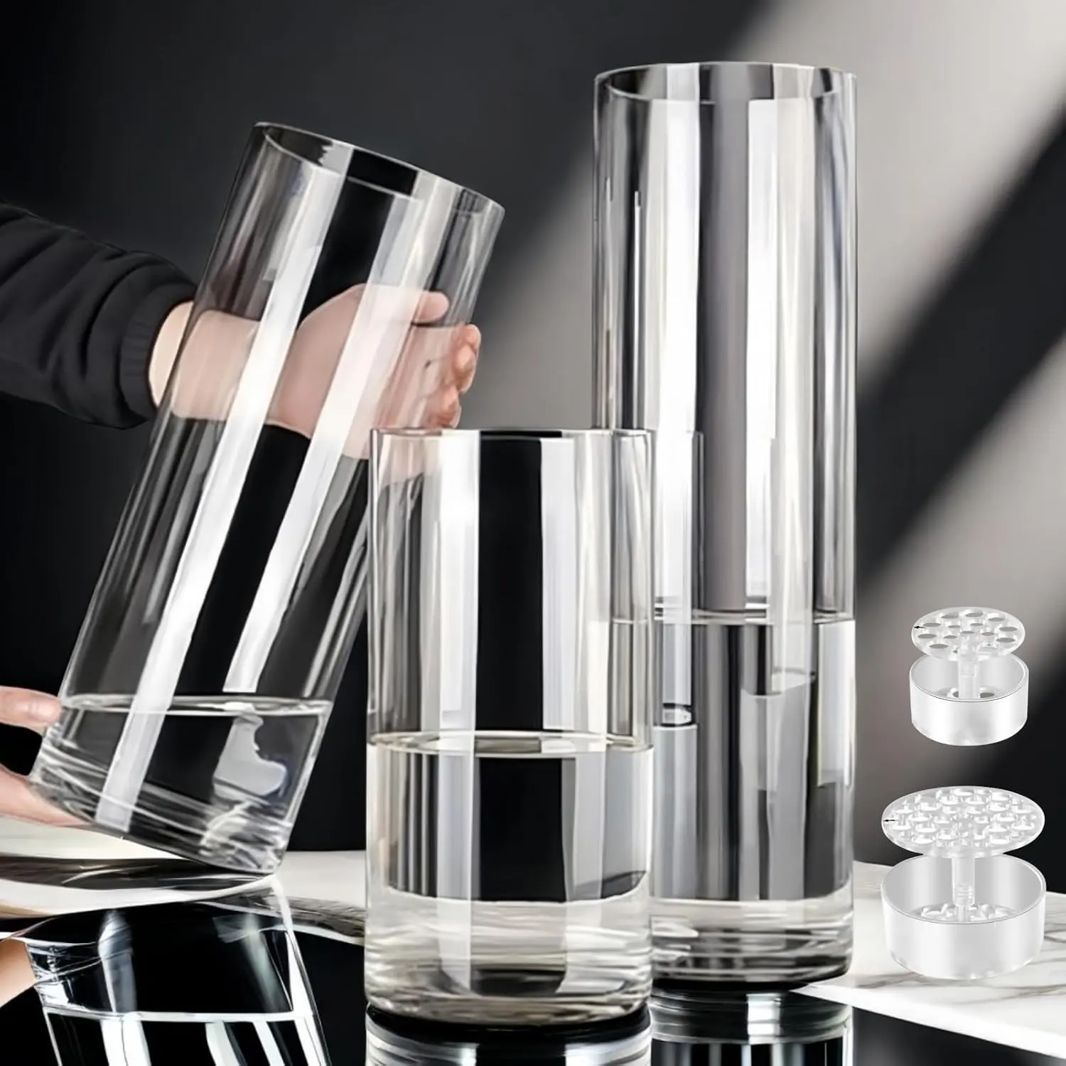 3 Large Clear Acrylic Cylinder Vases Set - Unbreakable Shatterproof Hurricane Vases with 2 Spiral Ikebana Stem Holder Rings, Wedding Centerpiece Flower Bouquet Decor (D4")Gift