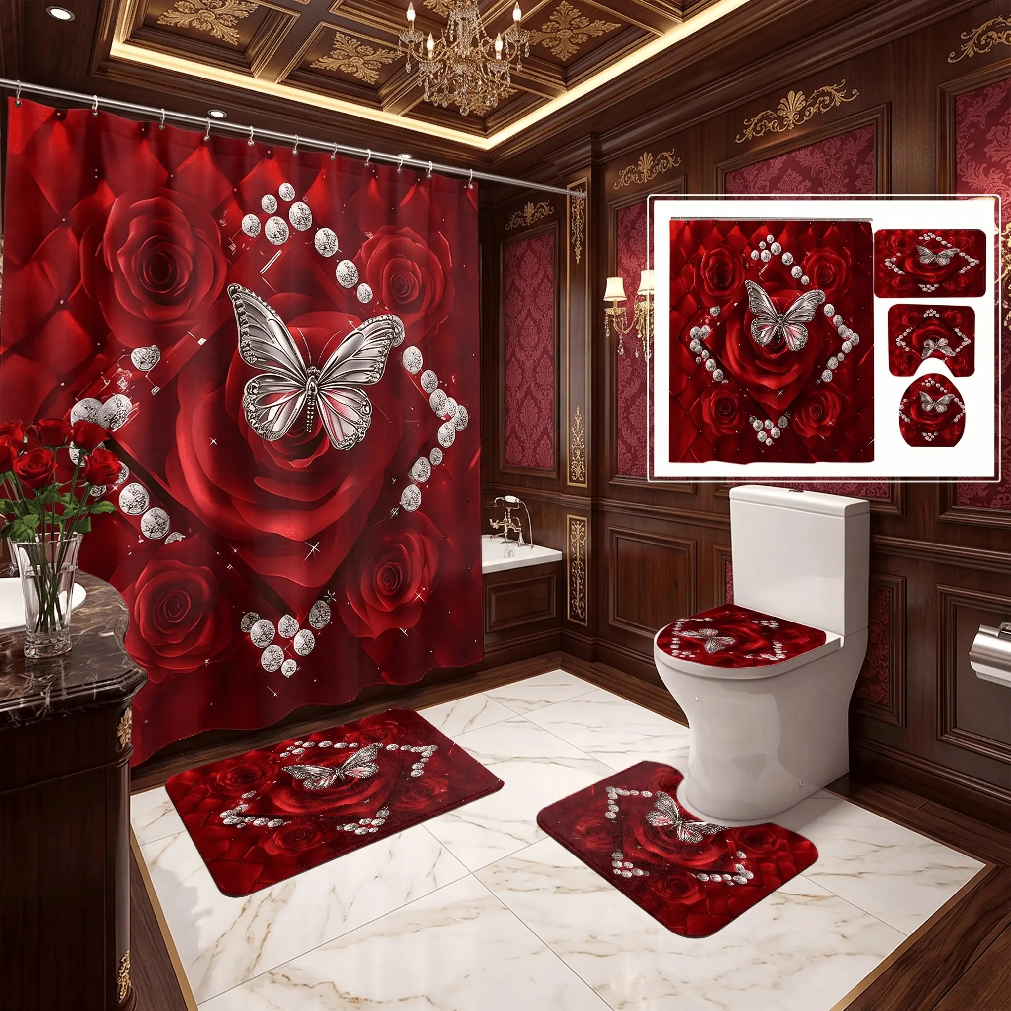 4pcs Luxury Rose Shower Curtain Set, Bathroom Shower Curtain Sets, Romantic Bathroom Decor, Non-Slip Bath Mat, The floor mat fabric is thicker and softer! Toilet Lid Cover, Valentine & Wedding Gift