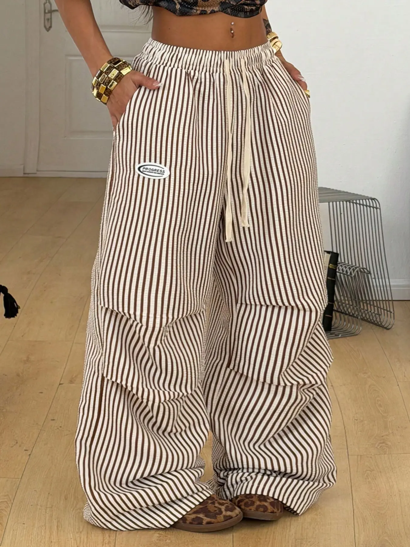 Women's Spring Summer Striped Wide-Leg Long Pants, Bottom, Casual Soft Comfy Loose Fit Baggy Elastic Waist, Low Waist Floor-Length H-Type Design