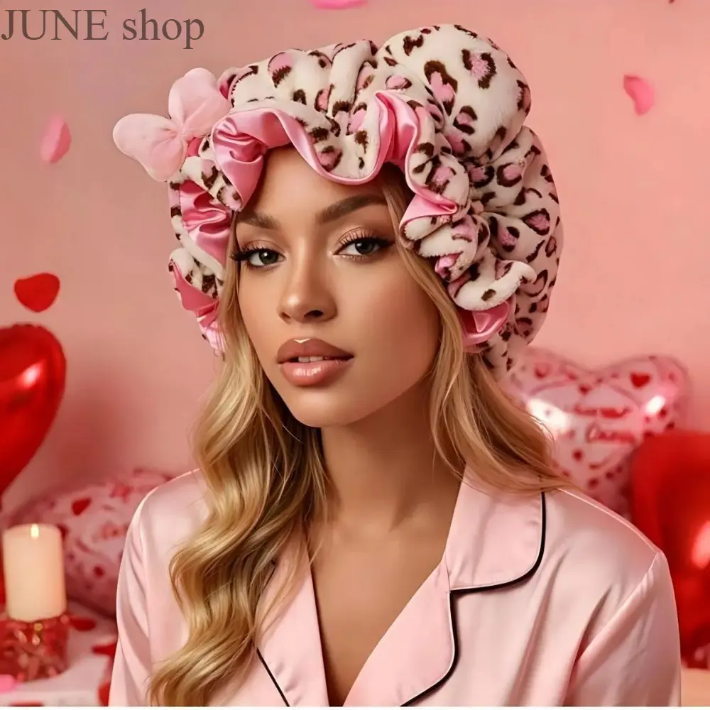 Cute Leopard Print Teddy Fleece Hair Bonnet With Bear‑Ear Bow Ruffle Edge, Satin‑Lined Adjustable Large Size Heatless Sleep Hair Wrap, Hair Protect Cap For Curly Natural Hair, Night Skincare Makeup Women’s Gift