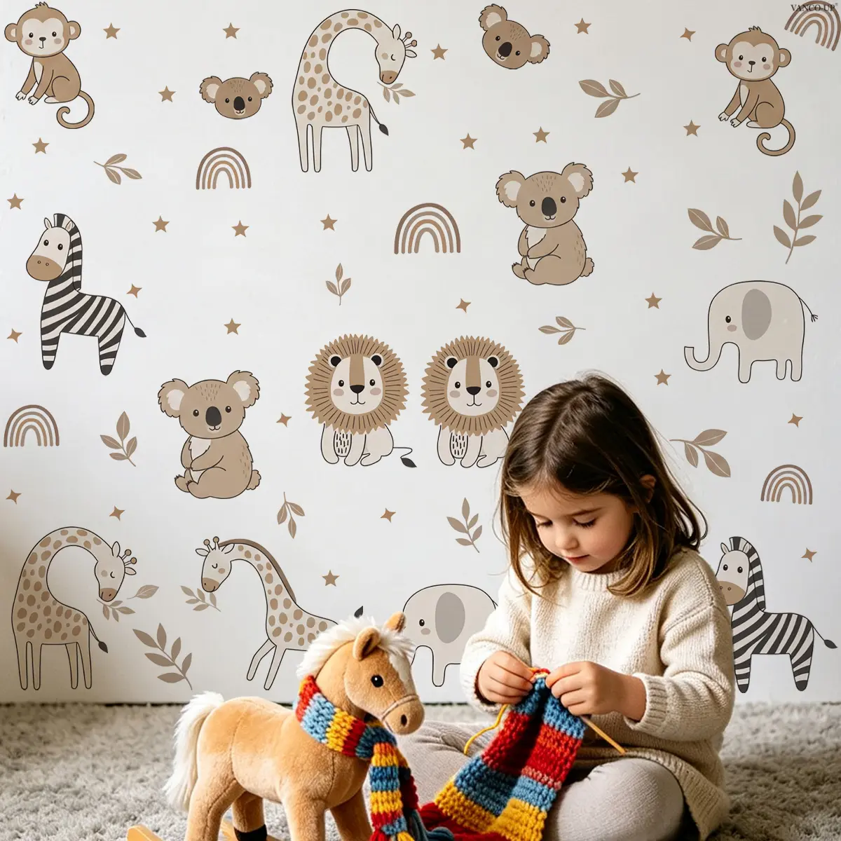 2Pcs Set (3060cm2pcs) Boho Jungle Animals Self-Adhesive Wall Stickers, Versatile Cute Home Wall Decals for Kids Room
