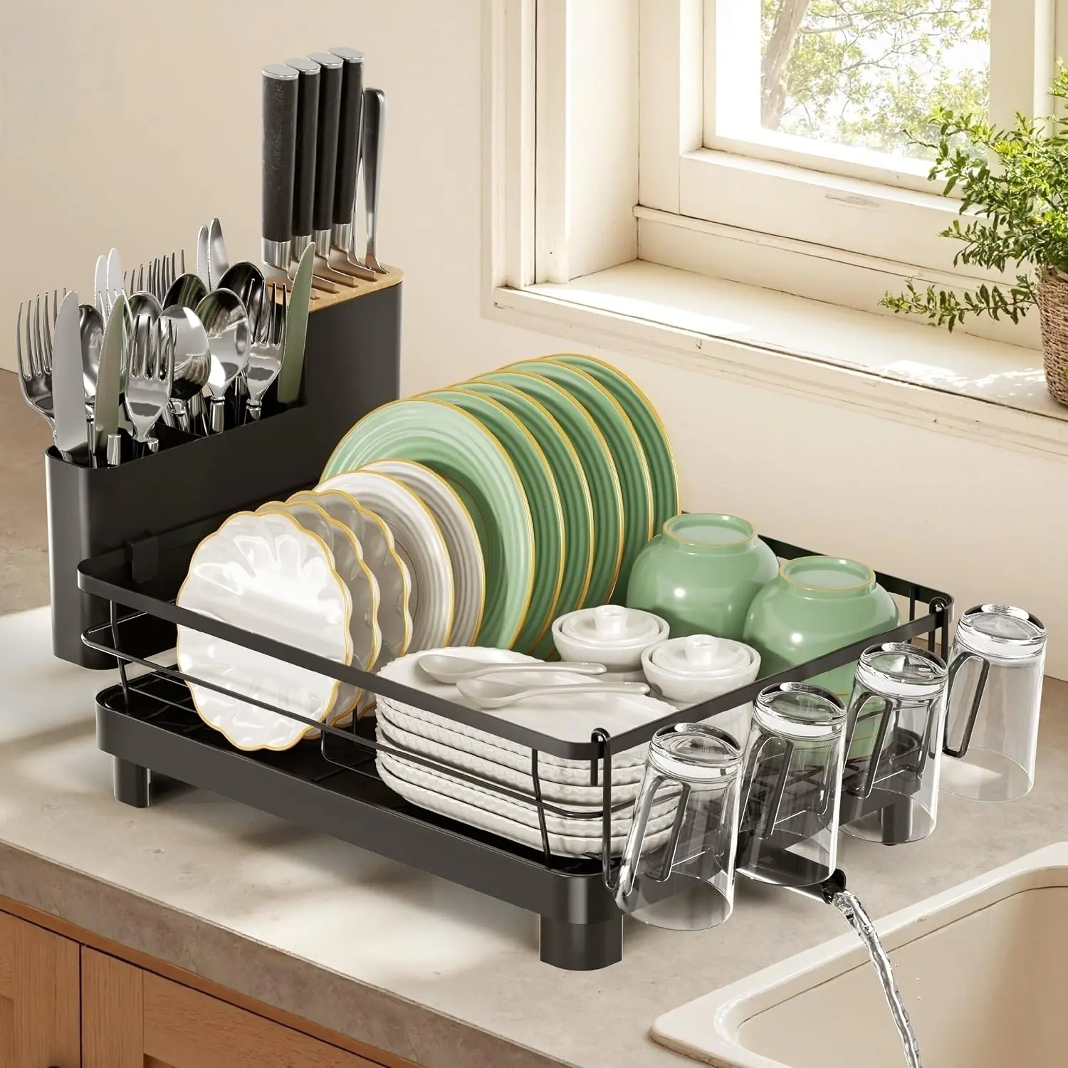 Dish Drying Rack, Stainless Steel Dish Rack with Drainboard for Kitchen Counter and Sink, Large Capacity Dish Drainer, Detachable 2-in-1 Utensil Holder, Cup Holder, Black