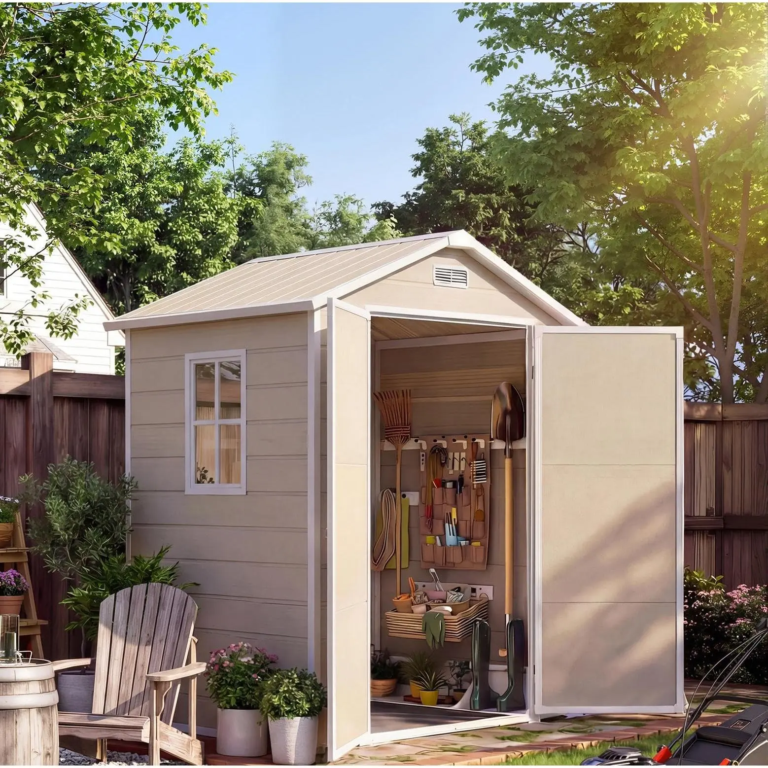 6 x 4 ft Double-Wall Resin Outdoor Storage Shed with Window, Reinforced Floor, Sloped Roof, Lockable Steel Door