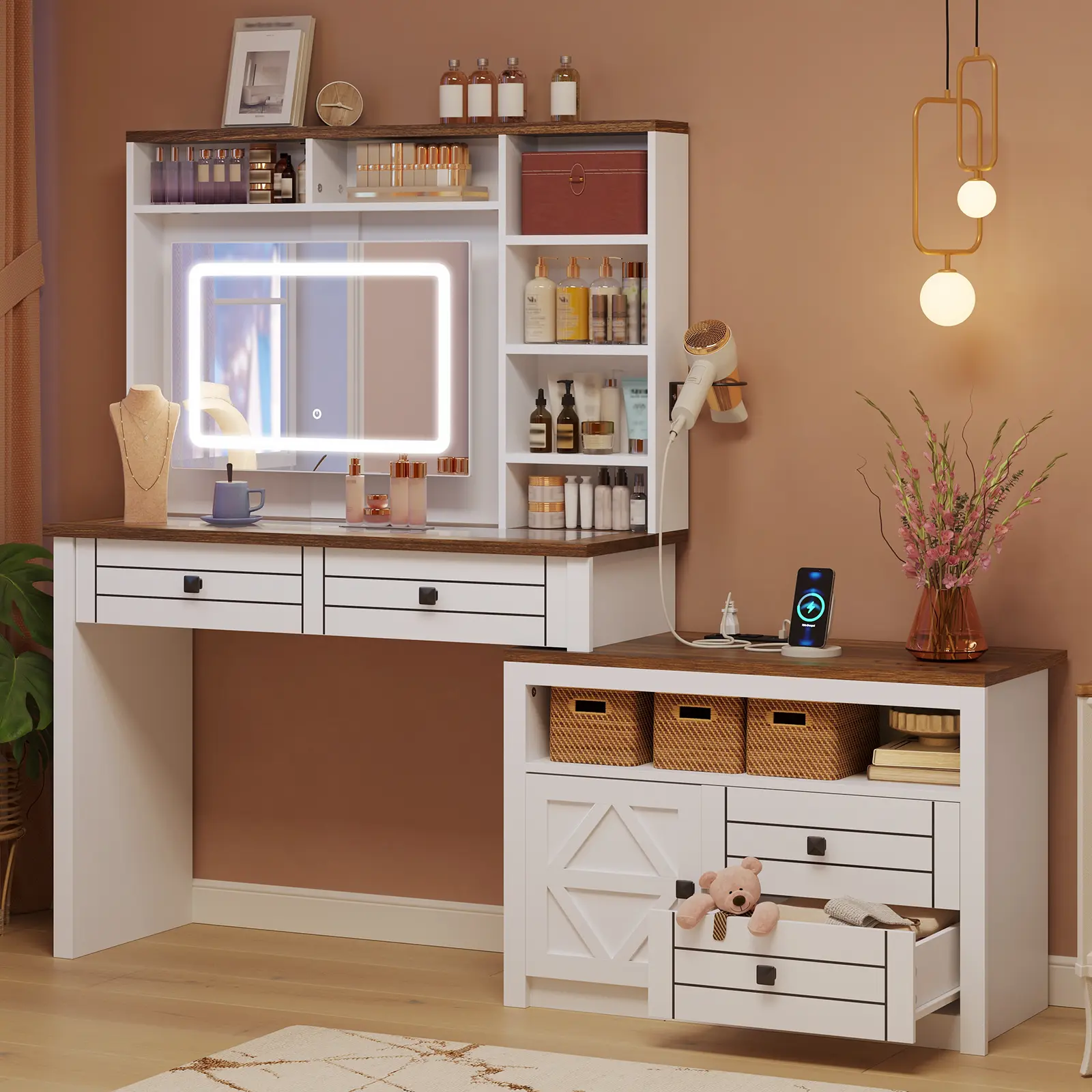 65" Antique Style Classic Makeup Vanity Desk with Mirror - LED Lights, Glass Top, Capacitive Glowing Display, 5 Drawers, 7 Open Shelves, Charging Station, Hair Dryer Rack - Farmhouse White, Rustic Farmhouse Decor, Vanity & Makeup Organization, Vanity Orga