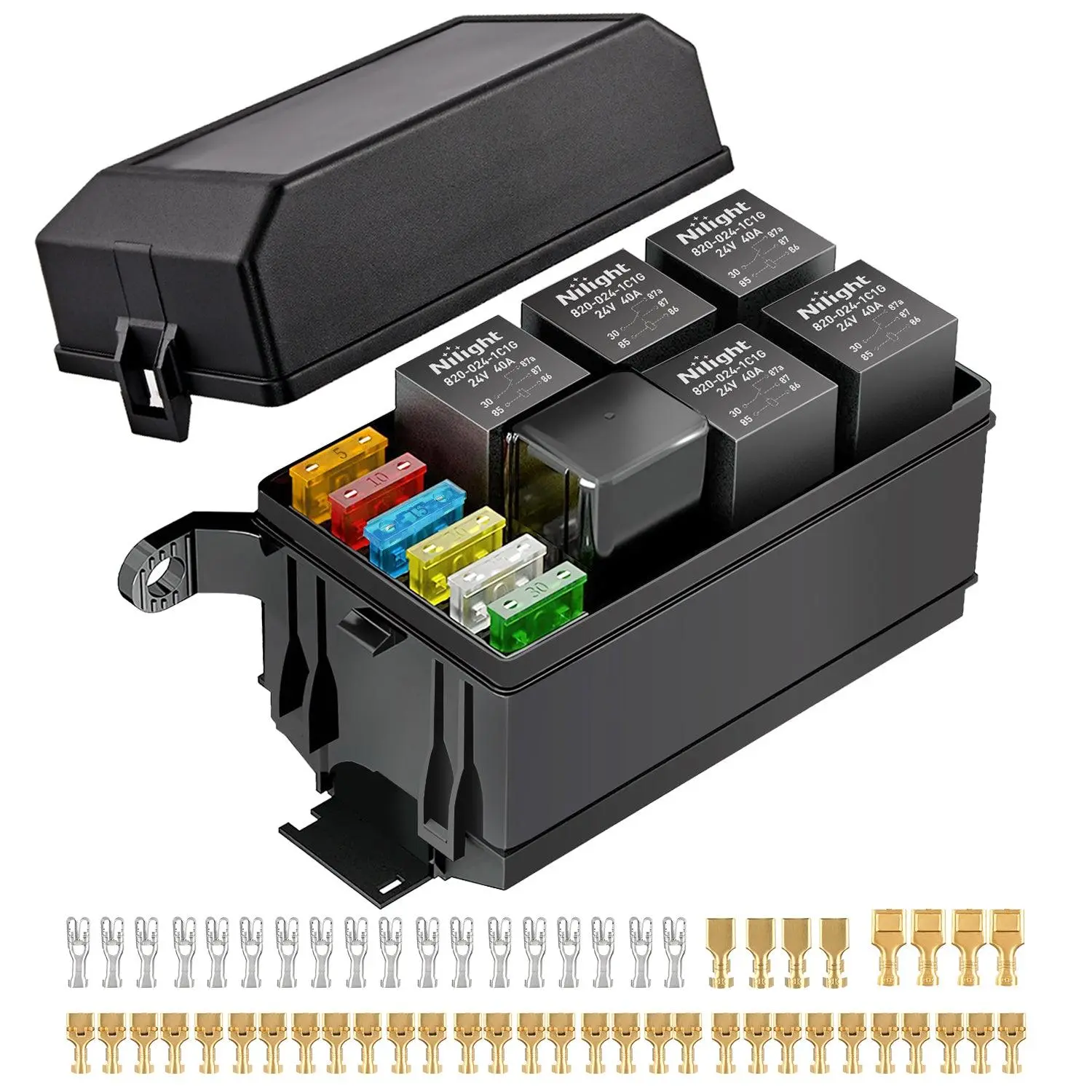 Nilight 6-Slot 12V ATC/ATO Waterproof Fuse and Relay Block Box Kit with Flame Retardant Design, Mounting Brackets for Vehicle Wiring Installation on Cars Trucks Boats