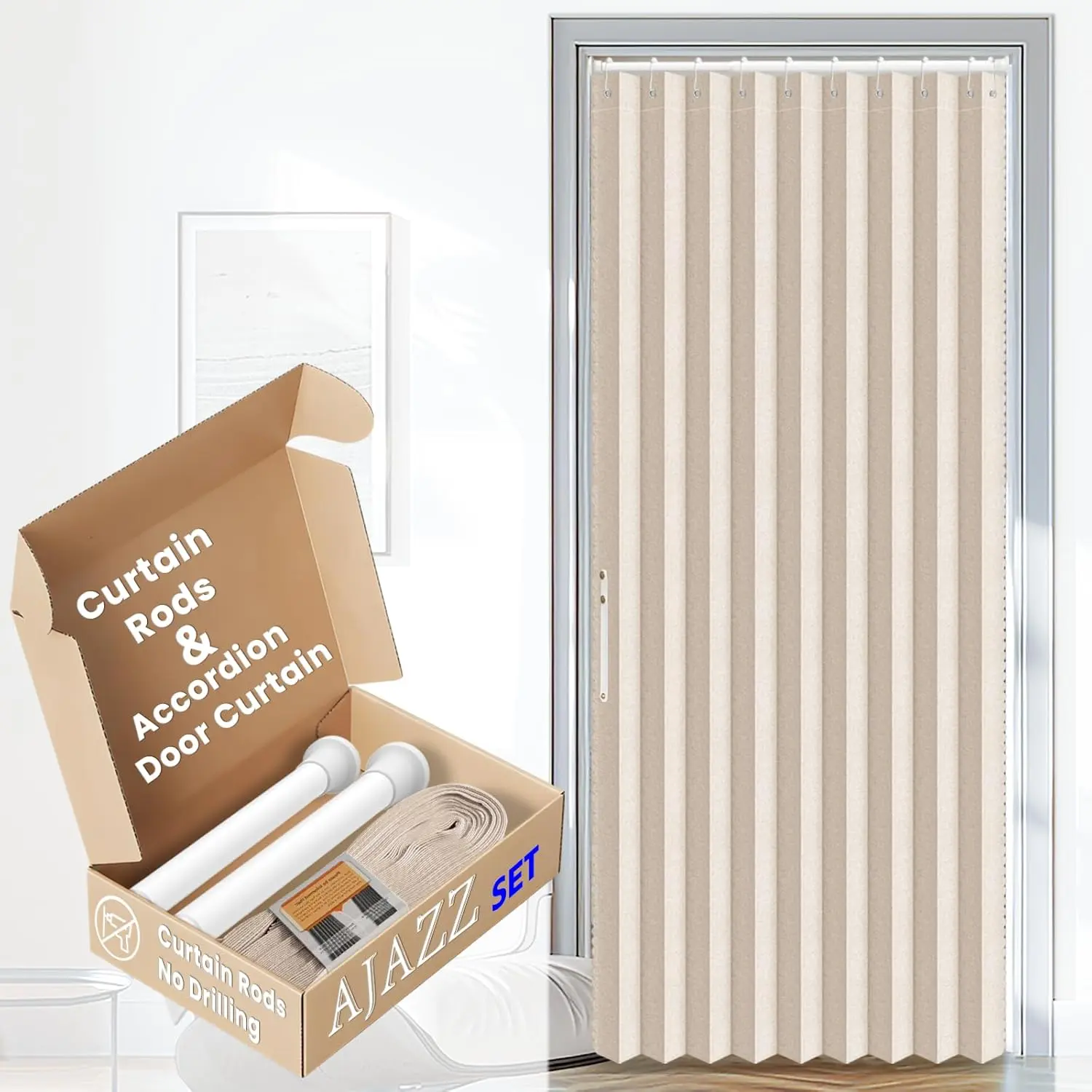 Set: Rods No Drilling (28-39" W) & Accordion Door, Beige 42W*78" L, Accordion Doors for Closet Doorway Room Divider