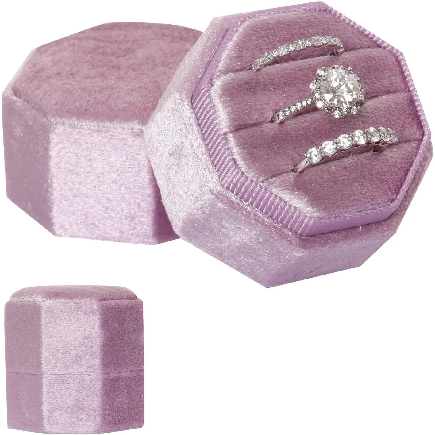3 Slots  Ring Box  Octagon Ring Display Holder   Gorgeous Case with Detachable Lid for Wedding Engagement Proposal  Ceremony (Light )