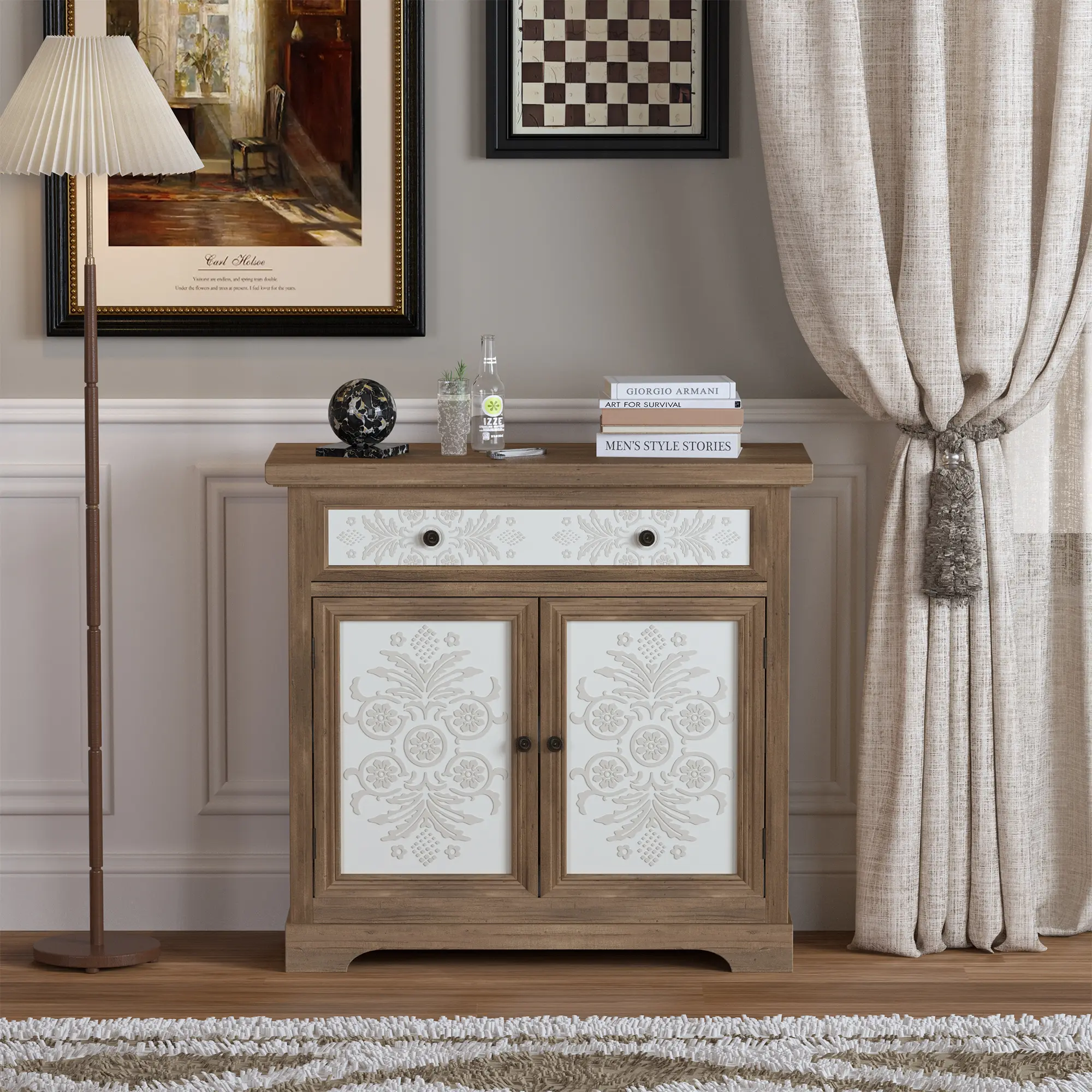 ARCH Rustic Vintage Accent Cabinet with Carved Floral Panels, Distressed Wood Sideboard with Drawer and Double Doors, Farmhouse Storage Cabinet for Living Room, Entryway, or Bedroom, Antique Brown+White Solid Pine Wood, 34.65"W x 13.39"D x 32.87"H