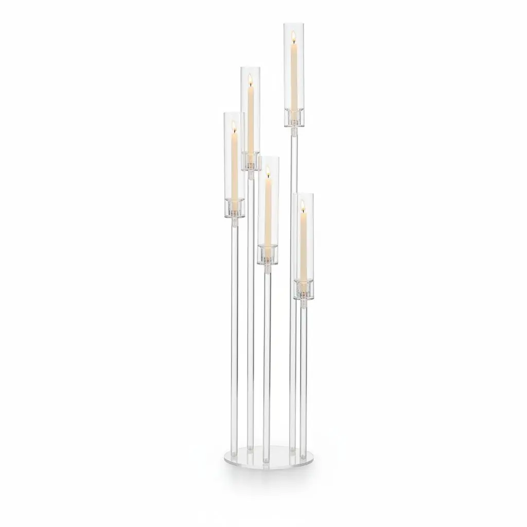 Elegant 45.7in 5-Arm Clear Acrylic Candelabra Centerpiece with Removable Shades – Floor or Table Candle Holder for Weddings, Parties, Home Decor – Fits 0.8in LED Candles (Candle Not Included)