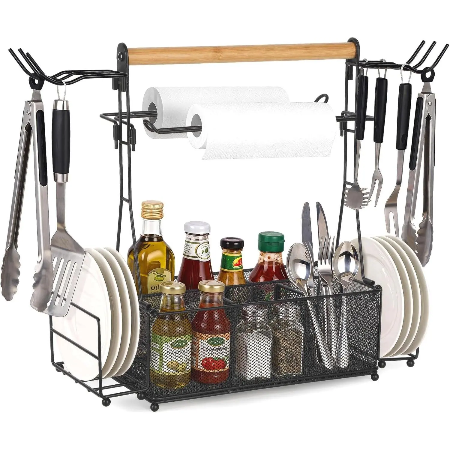 Grill Caddy Barbecue Tool Sets for Outdoor Grill, Picnic BBQ Caddy Picnic Utensil Condiment Organizer, BBQ Accessories Camping Gifts with Paper Towel Holders, Compartments & Hooks
