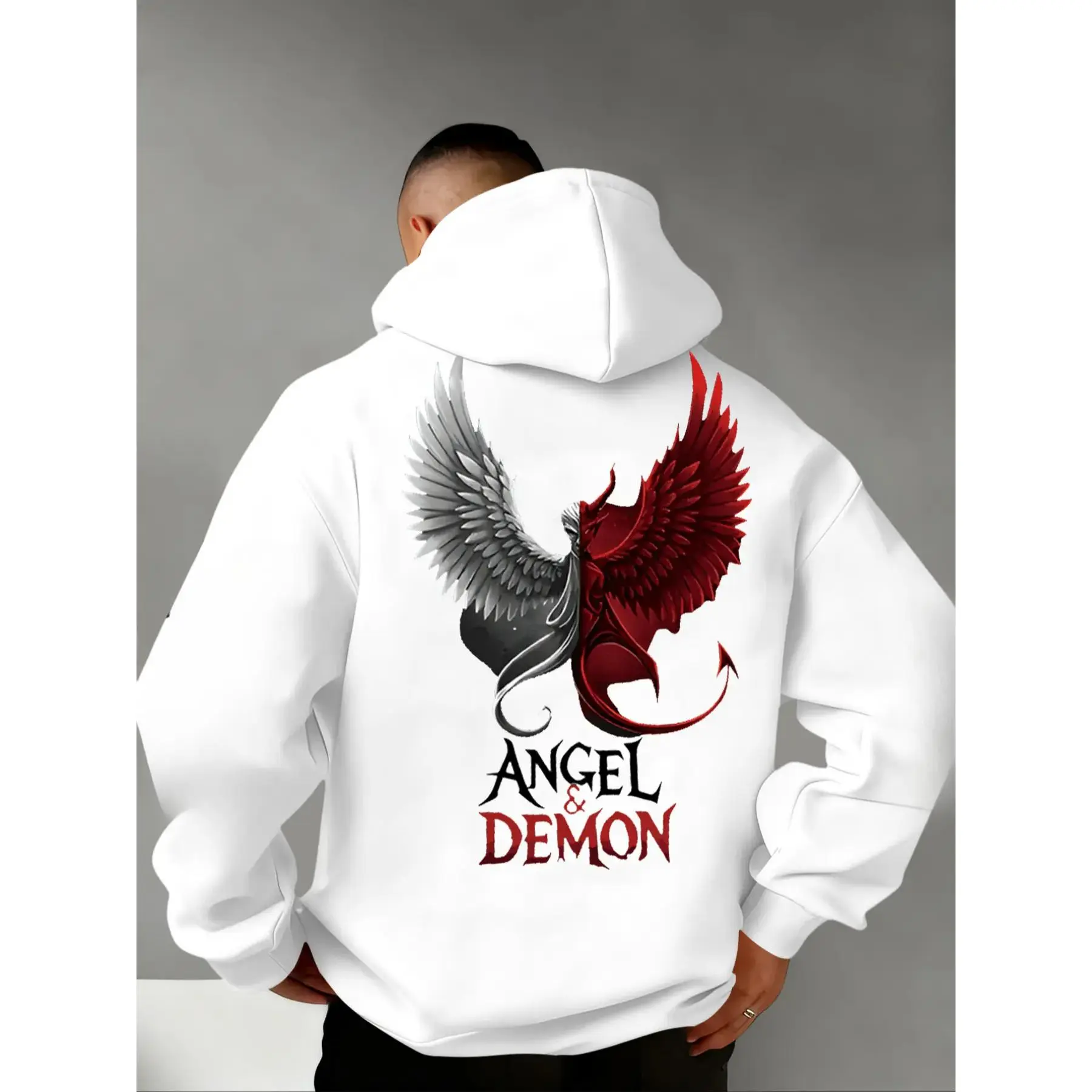 Men's Demon & Angel Print Hoodie, Warm and Comfortable Goth Sweatshirt for Fall & Winter, Soft Cotton Fabric, Casual Wear, Suitable for Wearing Alone or Layering, Graphic Hoodies, Gothic Printed Hoodie, Gothic Style Hoodie, Hooded Sweatshirts