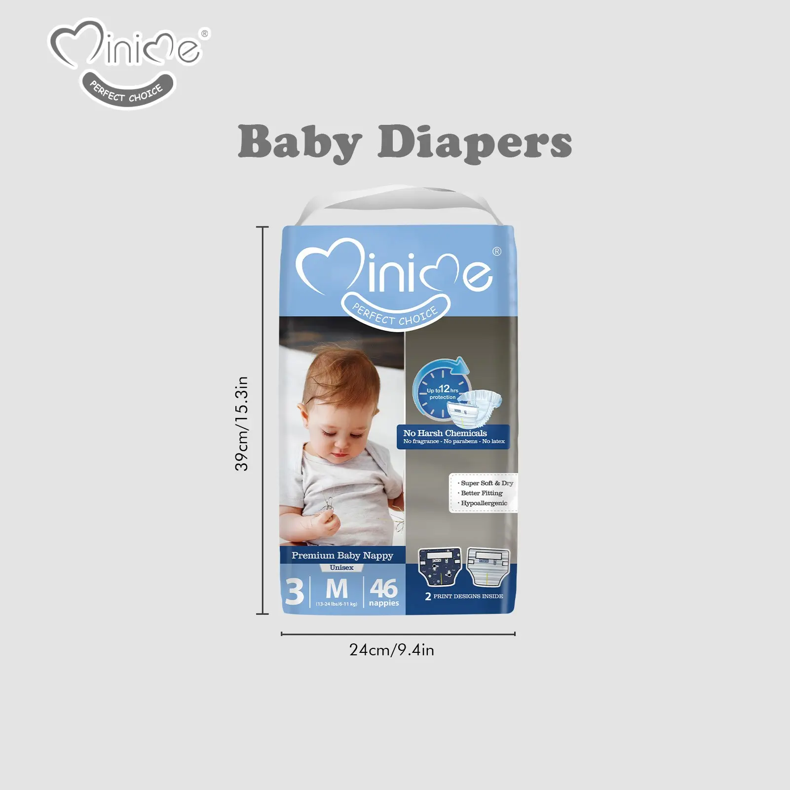 Minime Premium Newborn to XXL Baby Diapers, Soft Breathable Top Sheet, Elastic Waistband, Leg Cuffs, Wetness Indicator and Two Printed Backsheet Designs