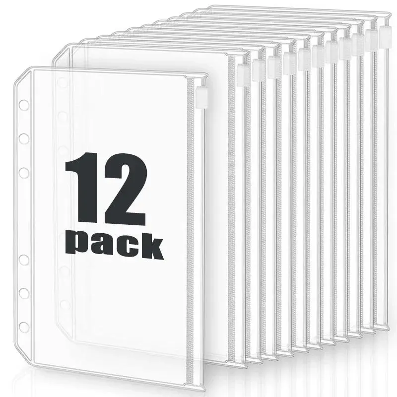12Pcs Colorful Compact A6 6-Hole Binder Pockets, Waterproof PVC Zipper Pouches with Durable Construction, Convenient Storage Solution for Notebook Planners (2/6Pcs Options Available)