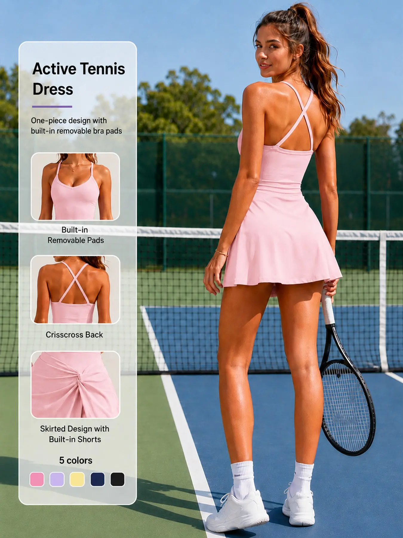 Women’s Sleeveless Backless Tennis Dress with Built In Shorts and Removable Pads High Stretch Soft Cooling Breathable Athletic Dress for Gym Tennis Golf Badminton