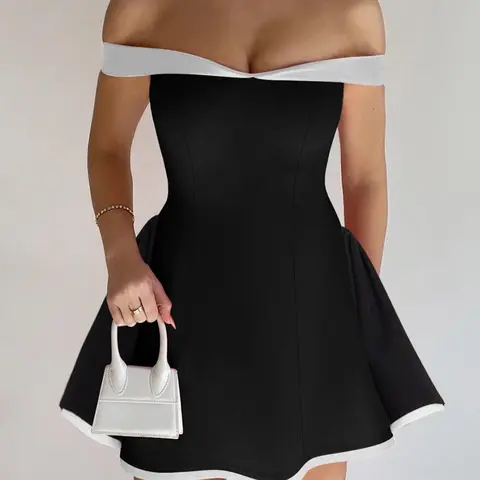 Women's Colorblock Off-Shoulder Backless A-Line Dress, Fashion Casual Short Sleeve for Party Club Holiday, Ladies Summer Womenswear, Dresses for party