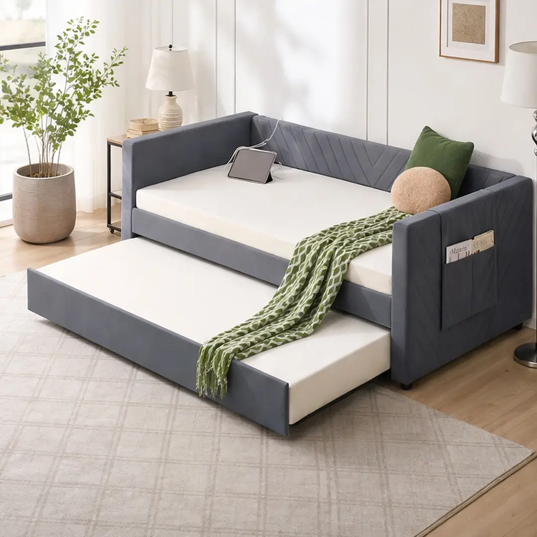 ARCH Twin Size Velvet Upholstered Single Daybed with Sturdy Trundle Frame - Pull Out Expandable Trundle Bed, USB Port, Side Pockets, Modern V-Grained Backrest, No Box Spring Needed, DIY Assembly, Chic for Modern Bedroom, Indoor Beds
