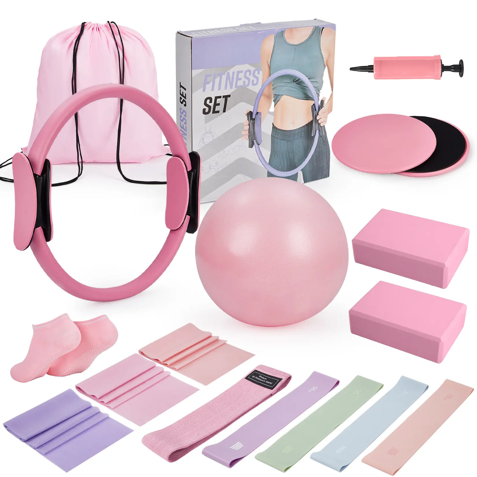 17-in-1 Pilates Ring Kit for Home Workouts - Pilates Circle + Pilates Ball, Resistance Bands, Yoga Blocks, Gliding Discs & Accessories - Full-Body Toning & Core Training - Pink