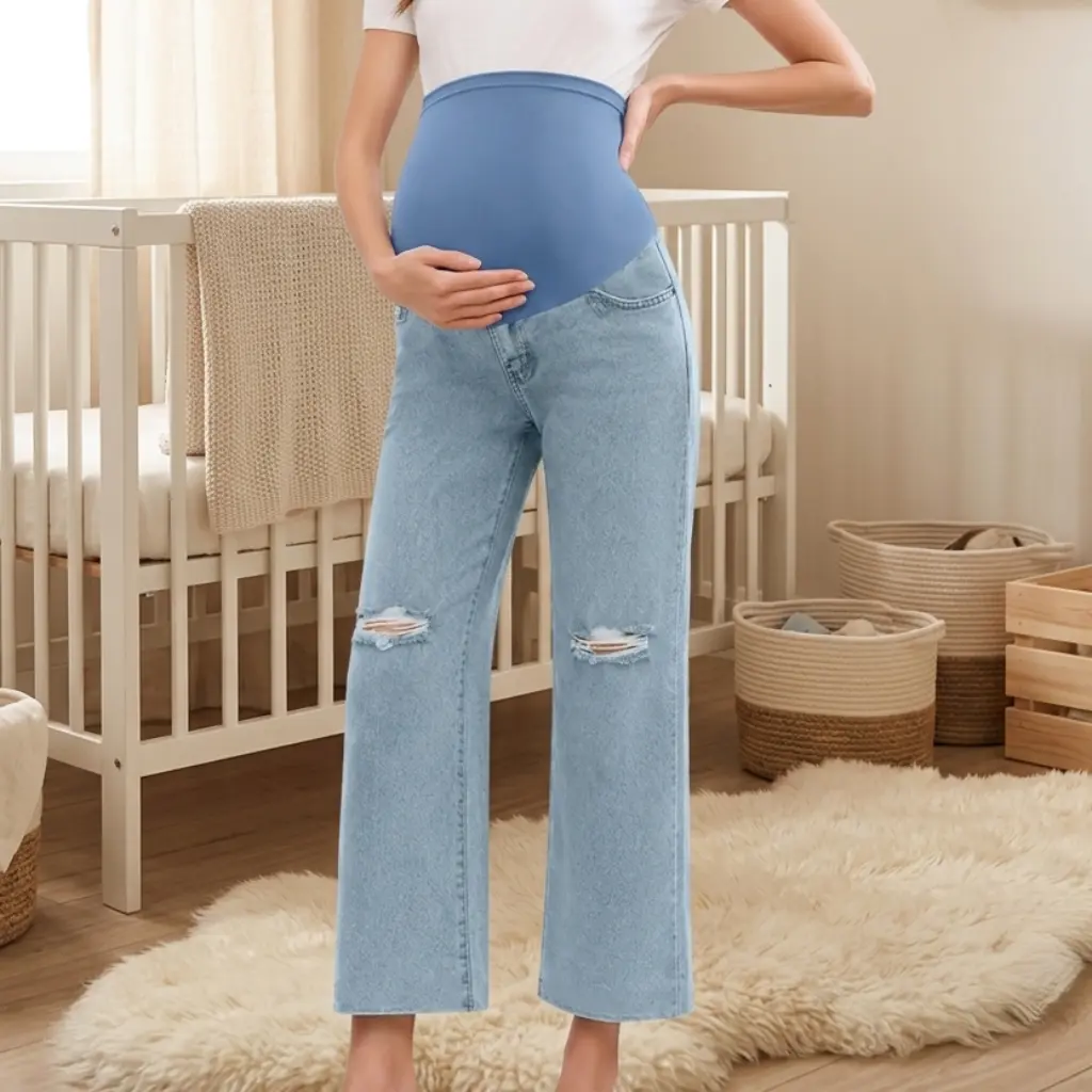 MUSBUY Women's Over-The-Belly Maternity Wide Leg Jeans - Ripped Knees, Distressed Look, Light Wash, Stretchy, Full Support, Relaxed Fit Casual Pregnancy Pants Jeans clothing apparel