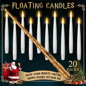 Floating Candles with Wand - Magic Hanging Flameless Taper Candles with Remote for Christmas Halloween Window Home Bedroom Birthday Party Decorations 20 PCS White Candles + 1 Golden Wand