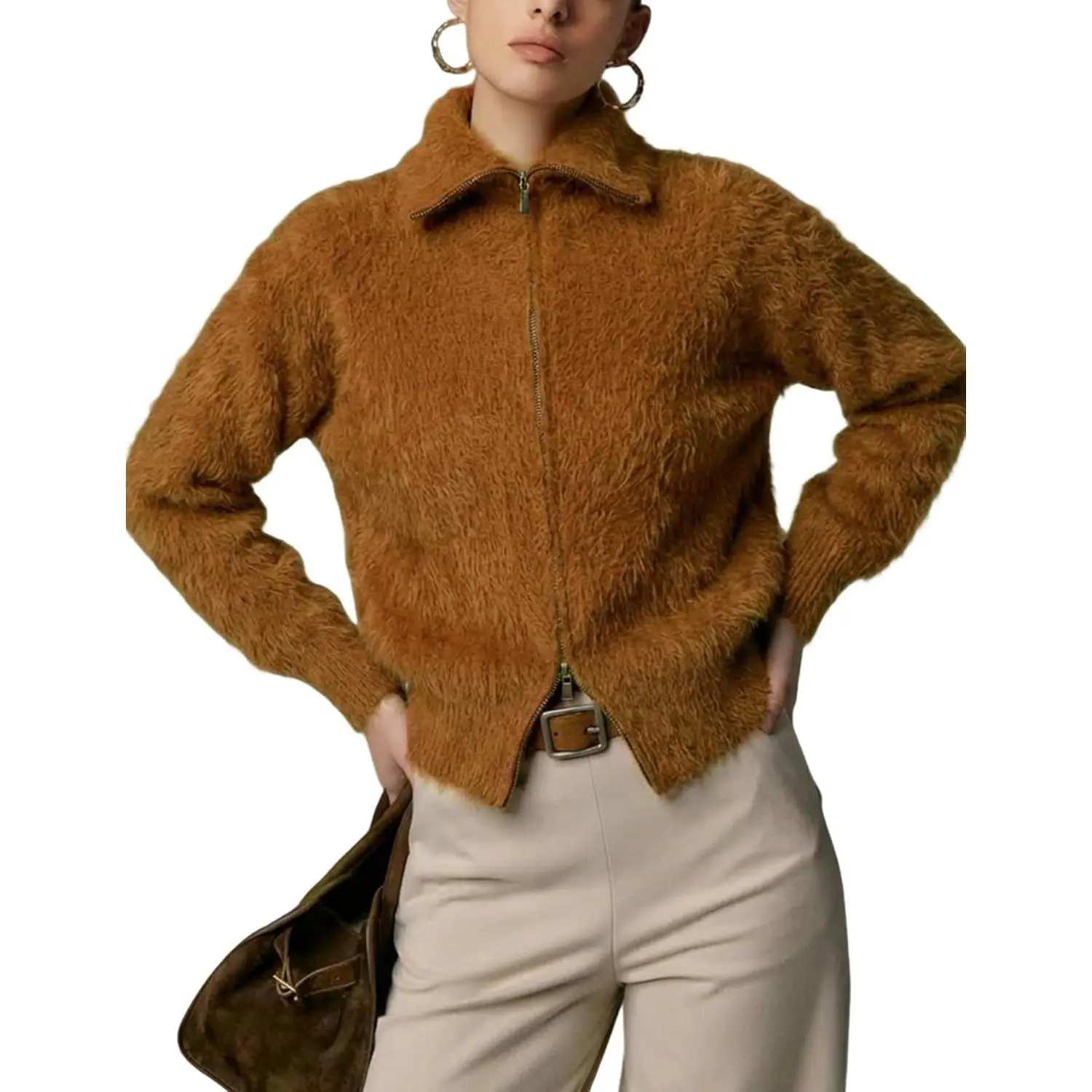 Arssm Women's Zip Up Sweater Fuzzy Chunky Cardigan Lapel Fluffy Knit Double Zip Cardigans