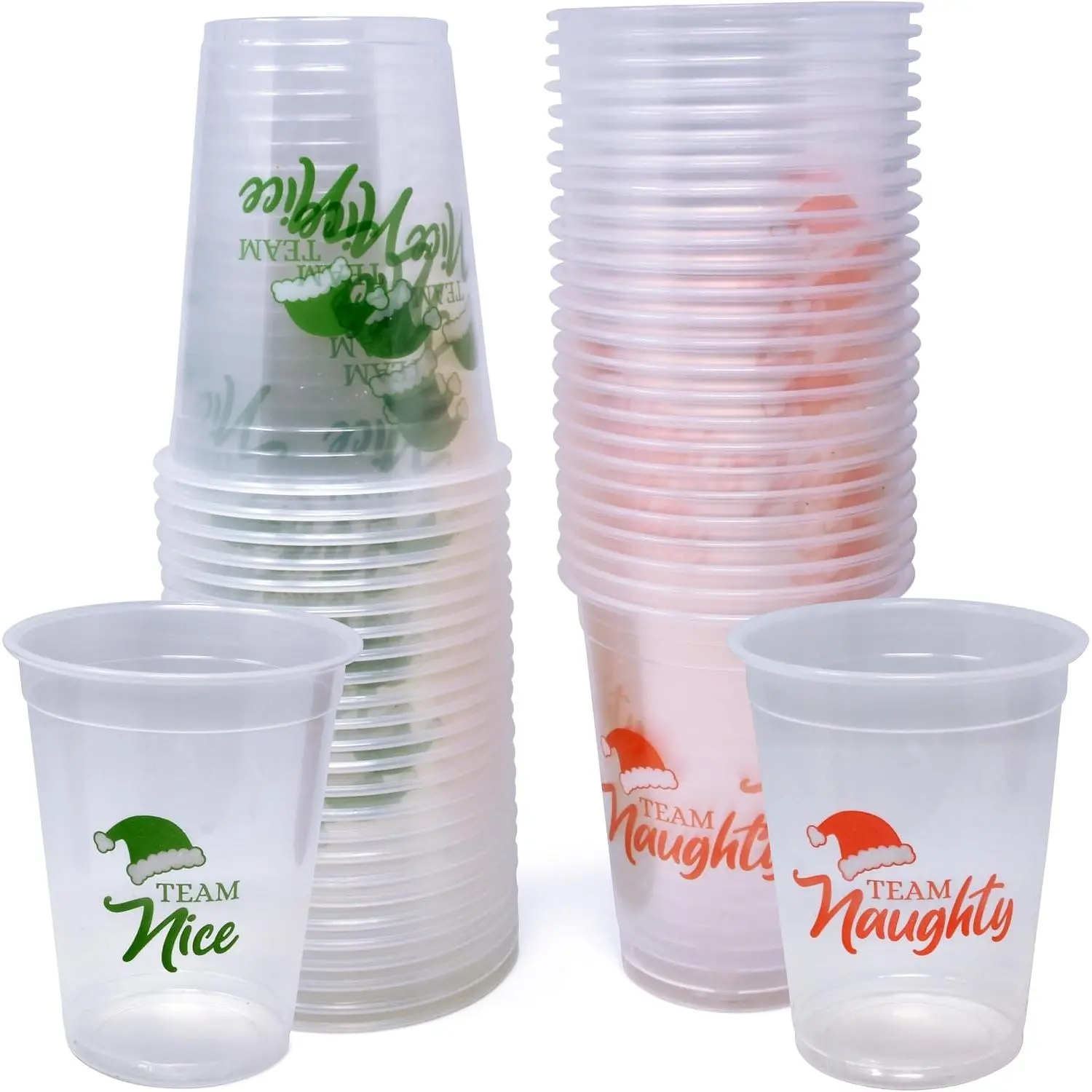 50 Pack Disposable Plastic Christmas 16 oz. Drinking Cup | Team Naughty Nice Design Winter Xmas Dinner Beverage Drink for Adults   Holiday Table Party Supplies Decorations